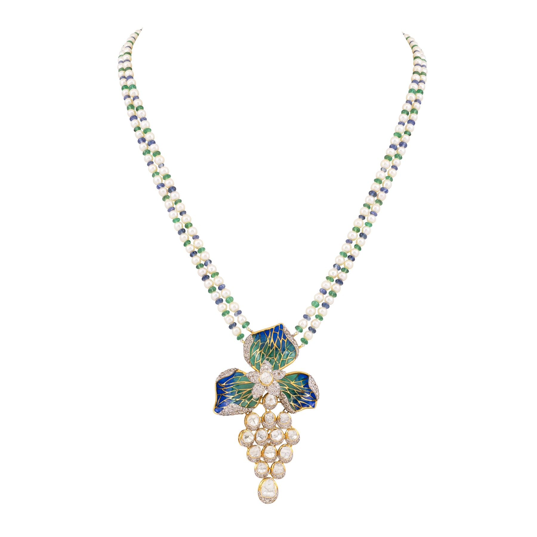 Japanese Pearl Necklace with Enamel Pendant