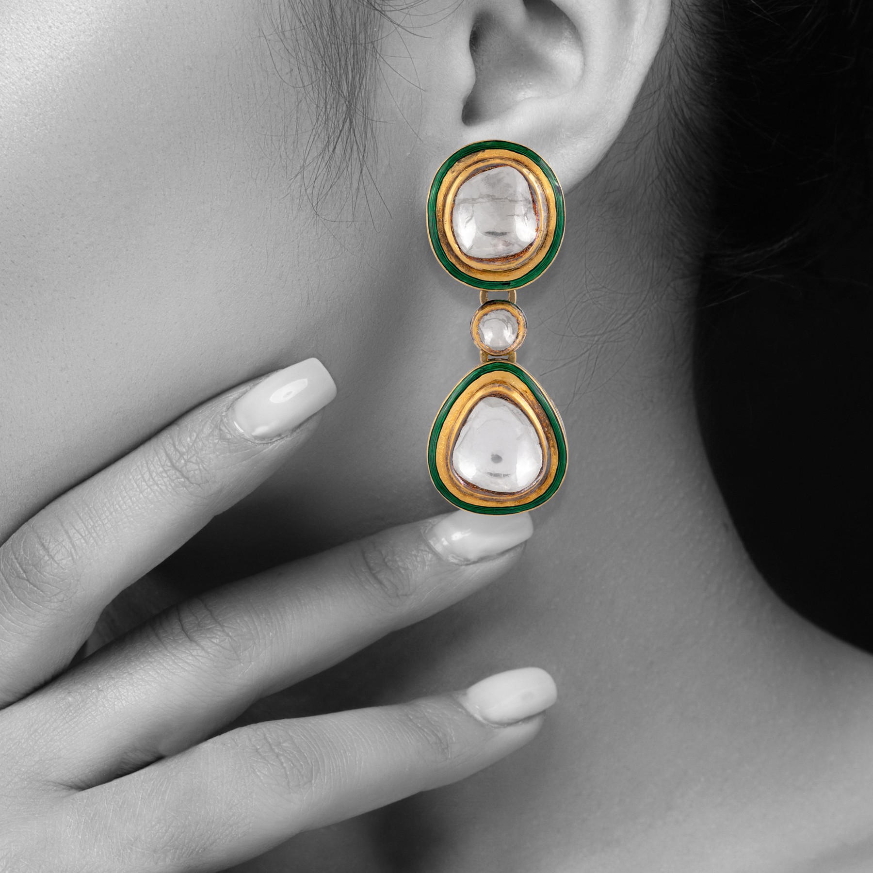 Green Enamel Polki Drop Earrings