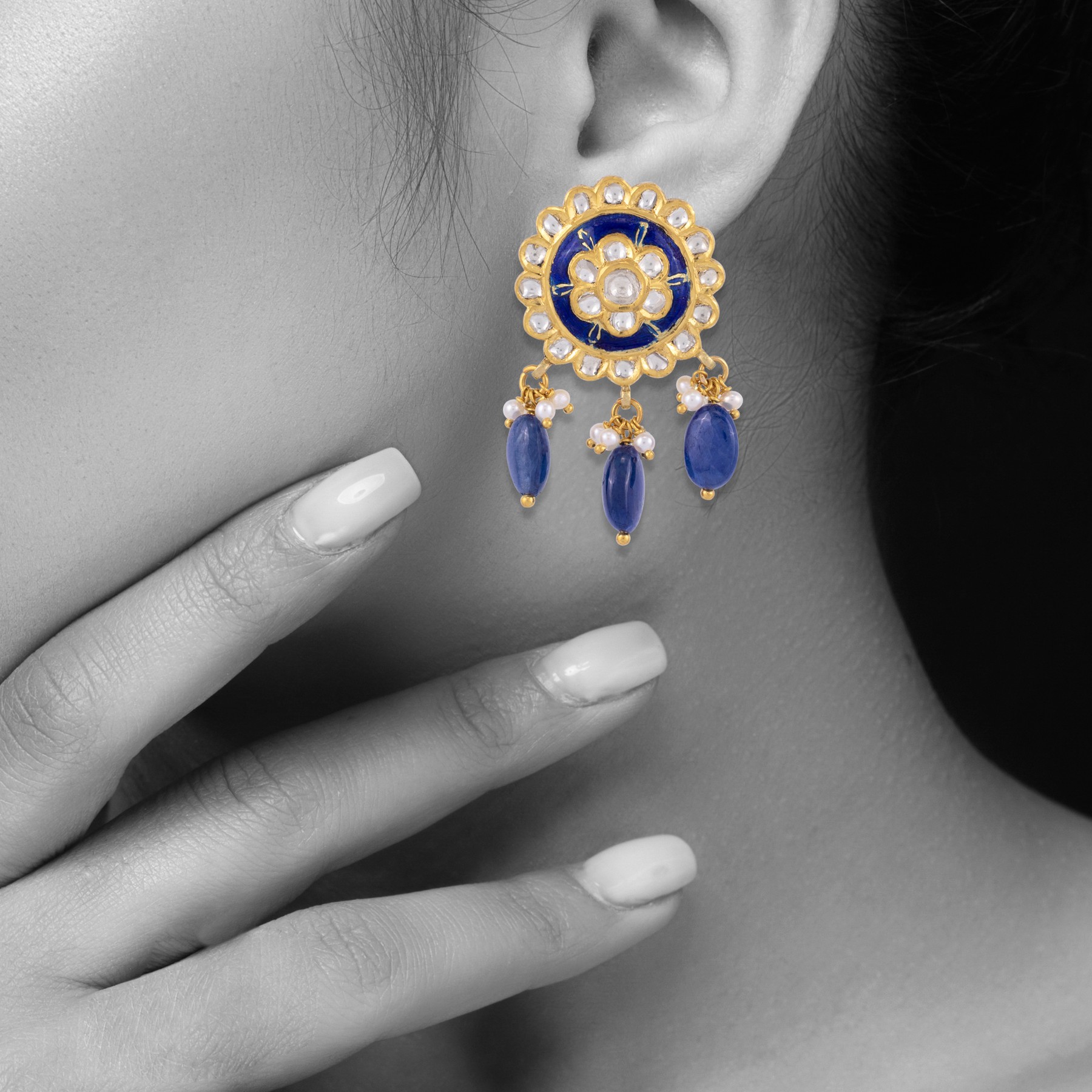 Sapphire and Pearl Polki Danglers
