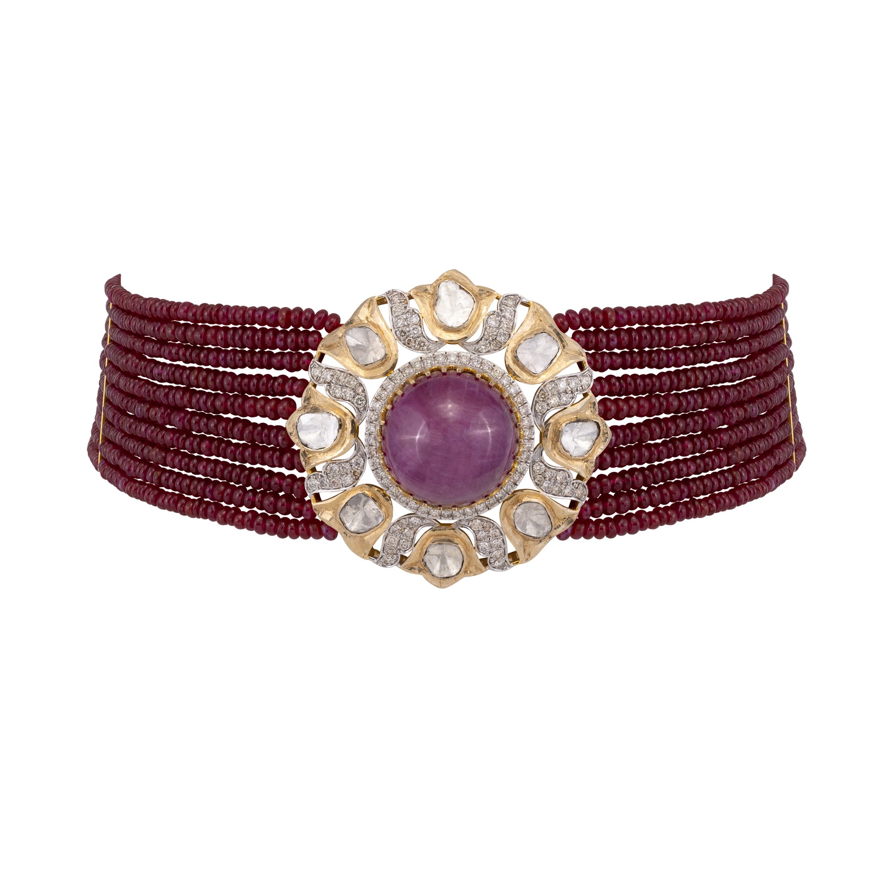 Ruby Bead Choker with Polki and Ruby Centre