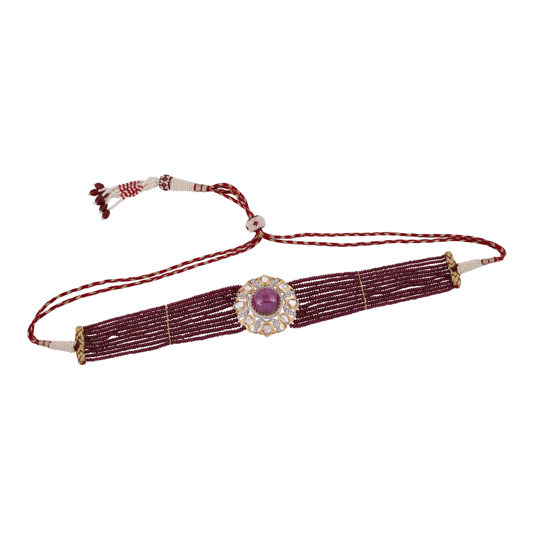 Ruby Bead Choker with Polki and Ruby Centre