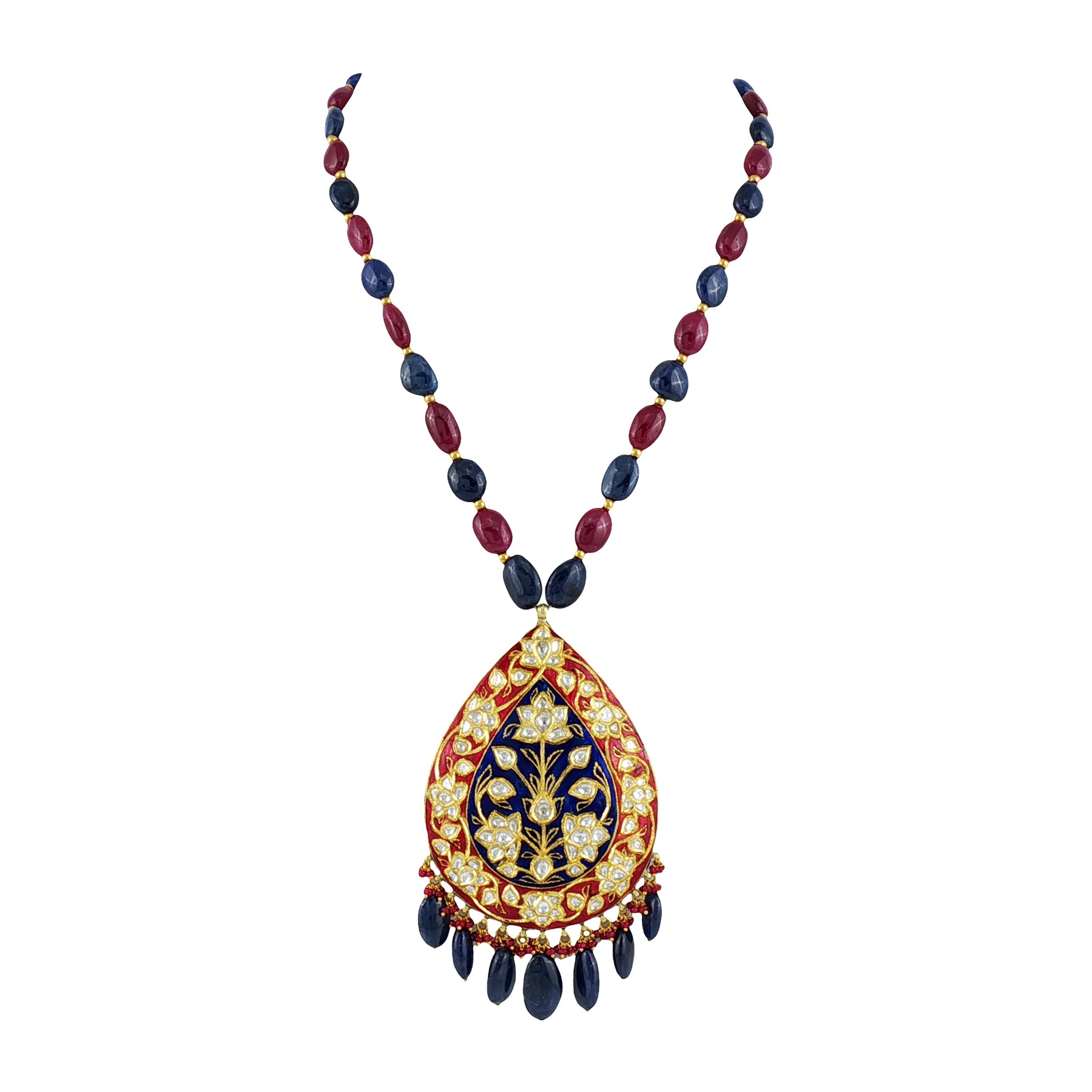 Ruby and Sapphire Necklace with Enamel Pendant
