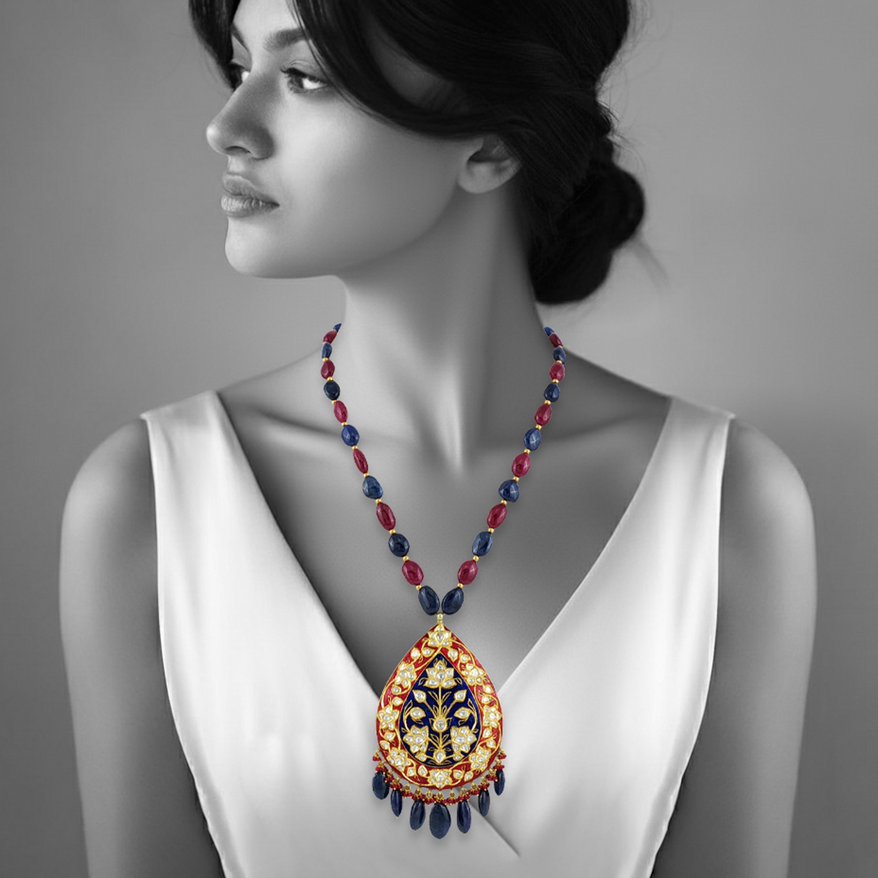 Ruby and Sapphire Necklace with Enamel Pendant