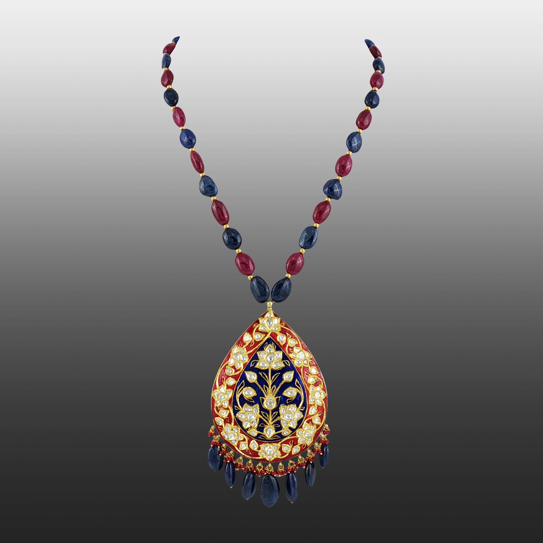 Ruby and Sapphire Necklace with Enamel Pendant
