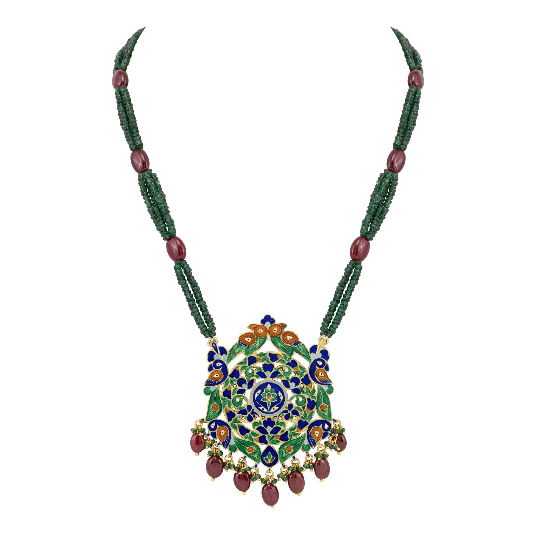 Emerald Bead Necklace with Ruby Drop Pendant