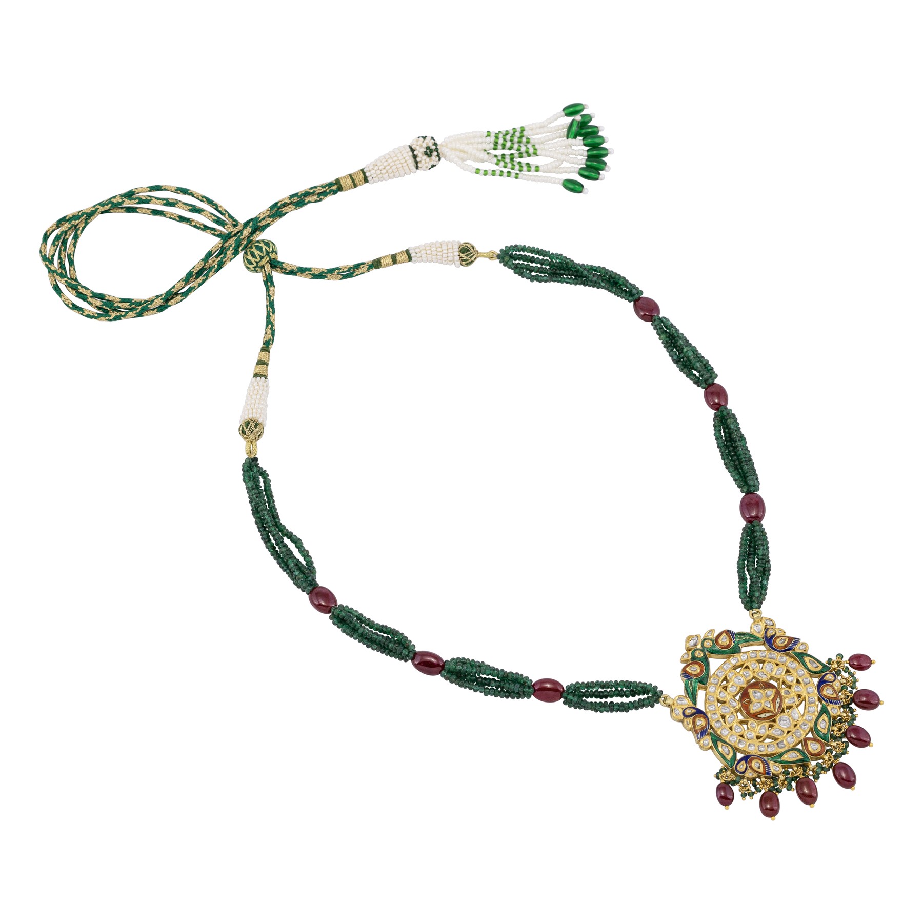 Emerald Bead Necklace with Ruby Drop Pendant