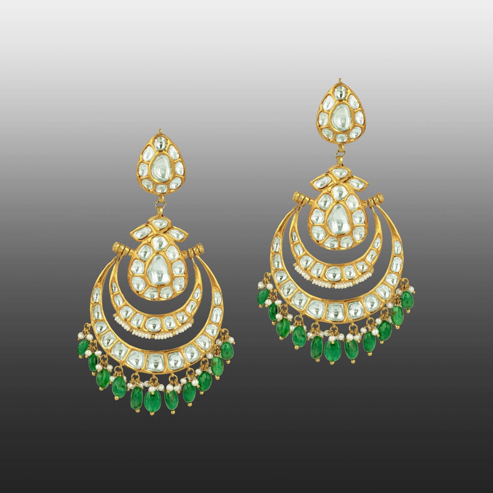 Chandbali Earrings with Polki, Emerald Maniya, and Pearls