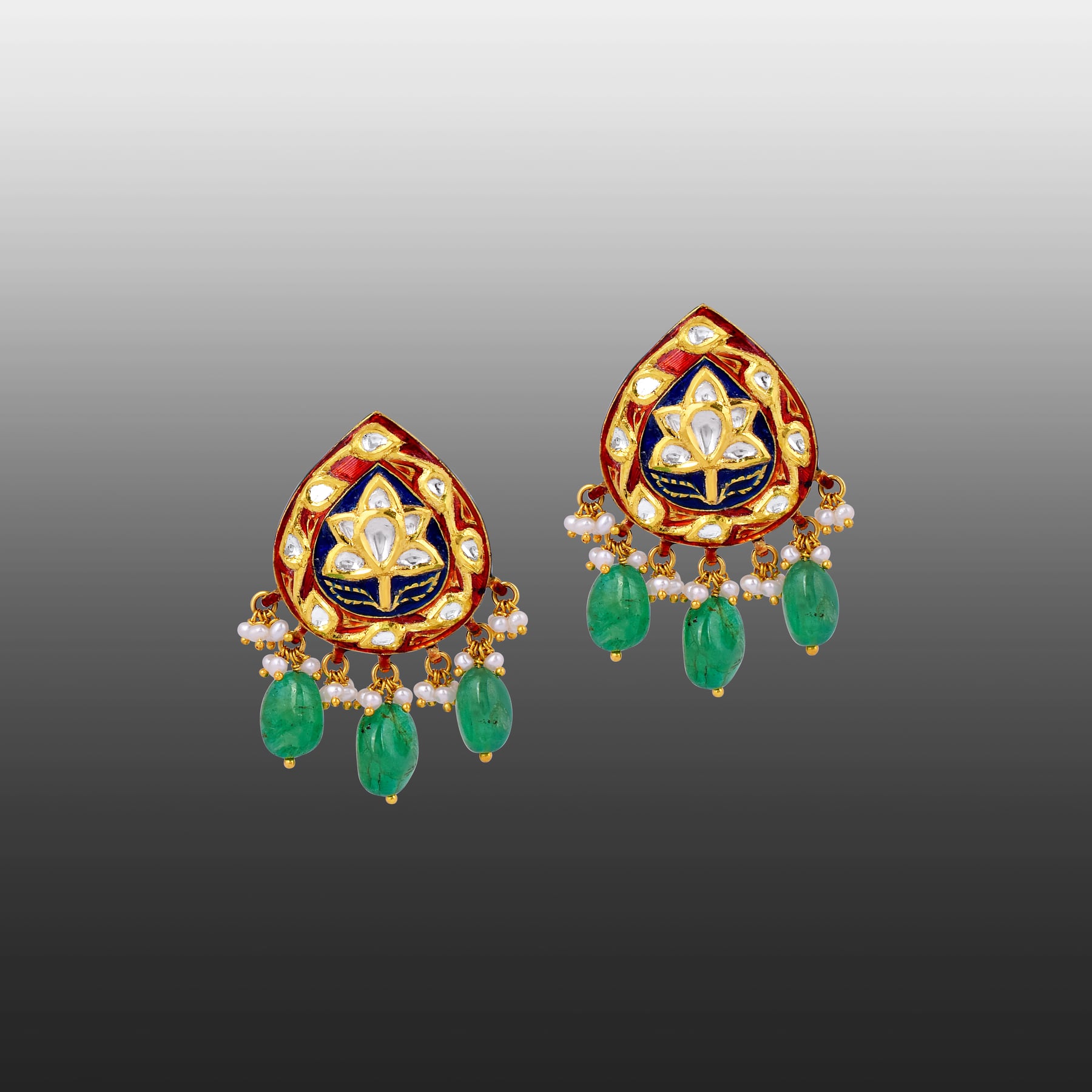 Floral Polki Earrings with Red-Blue Meena, Emeralds, and Pearls