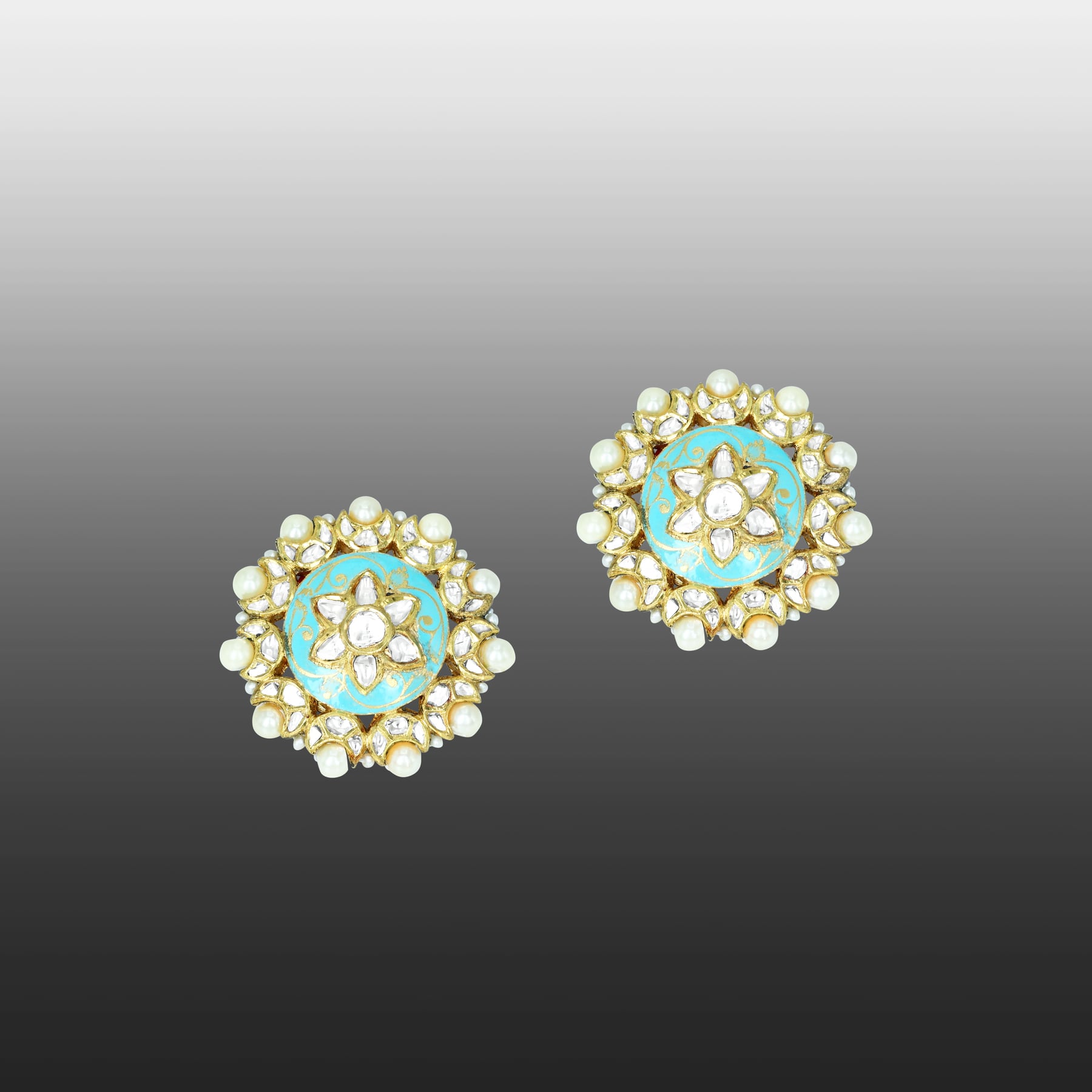 Turquoise Meena Polki Floral Studs with Pearls