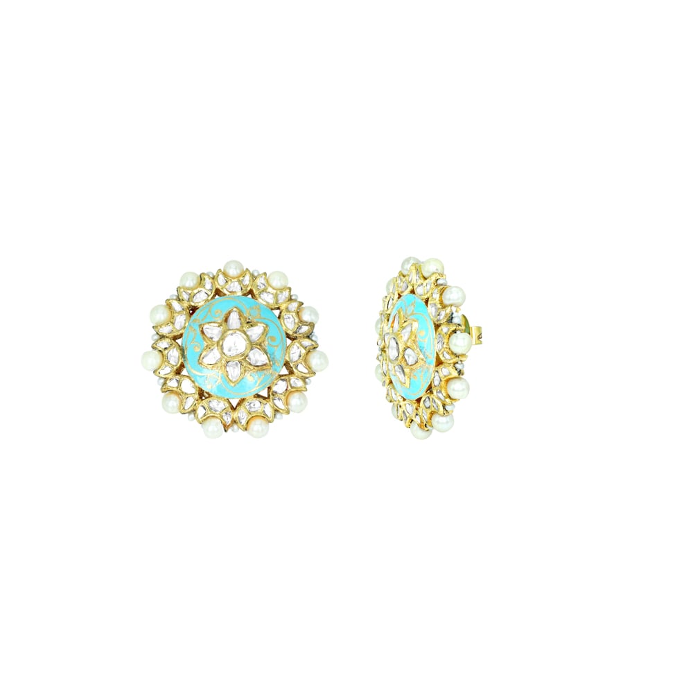 Turquoise Meena Polki Floral Studs with Pearls