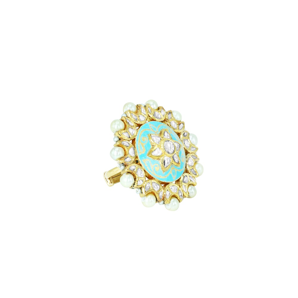 Turquoise Meena Polki Floral Ring with Pearls