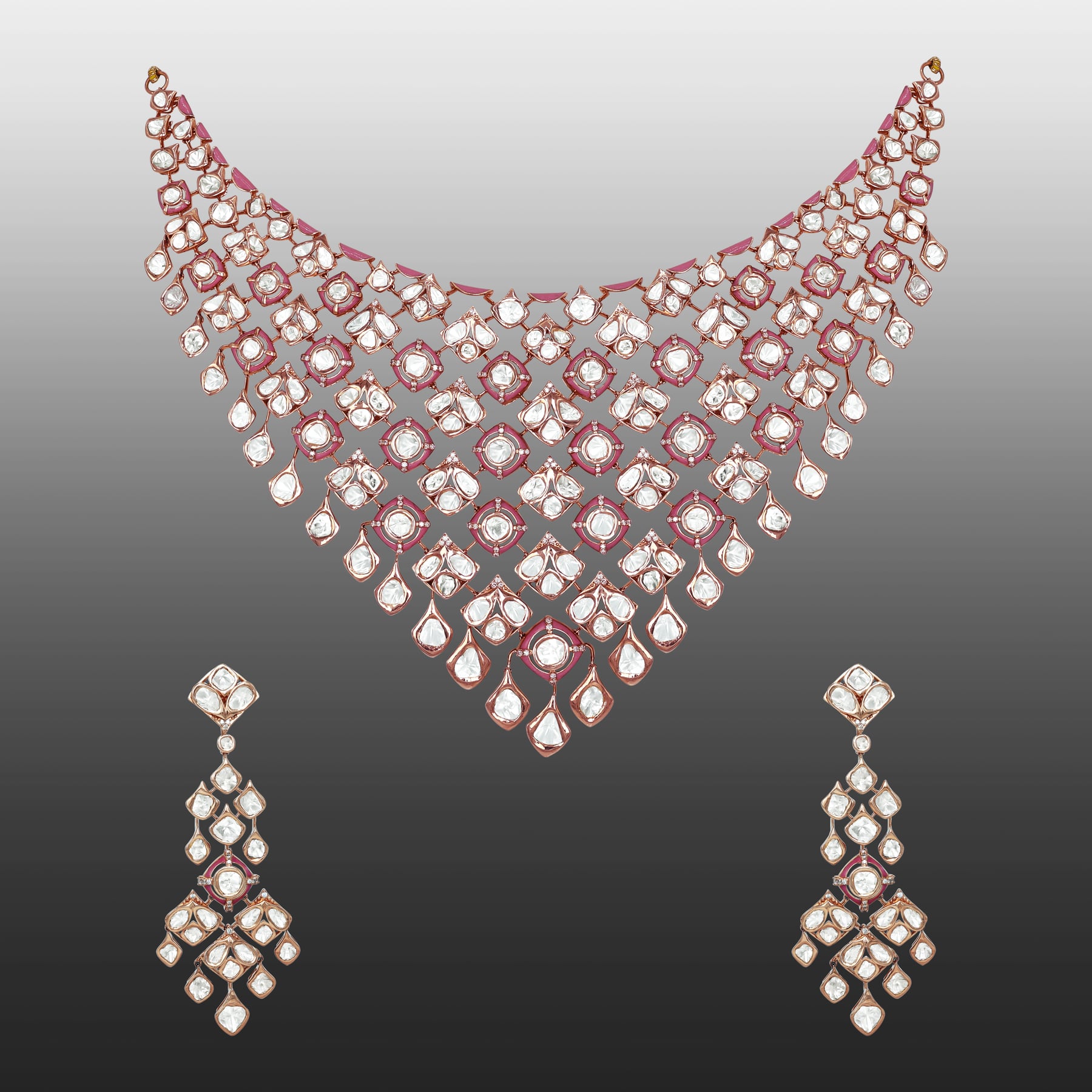 Polki Necklace Set with Pink Enamel Intricate work