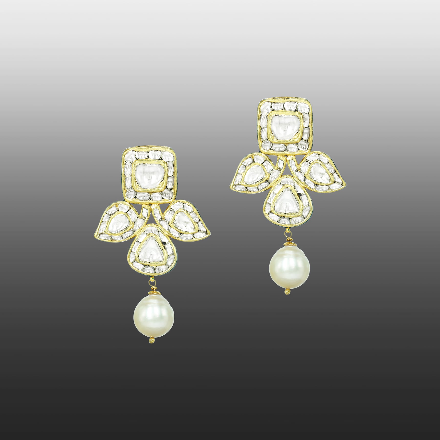 Asymmetrical Polki Necklace Set with Green Enamel and Pearl Drop