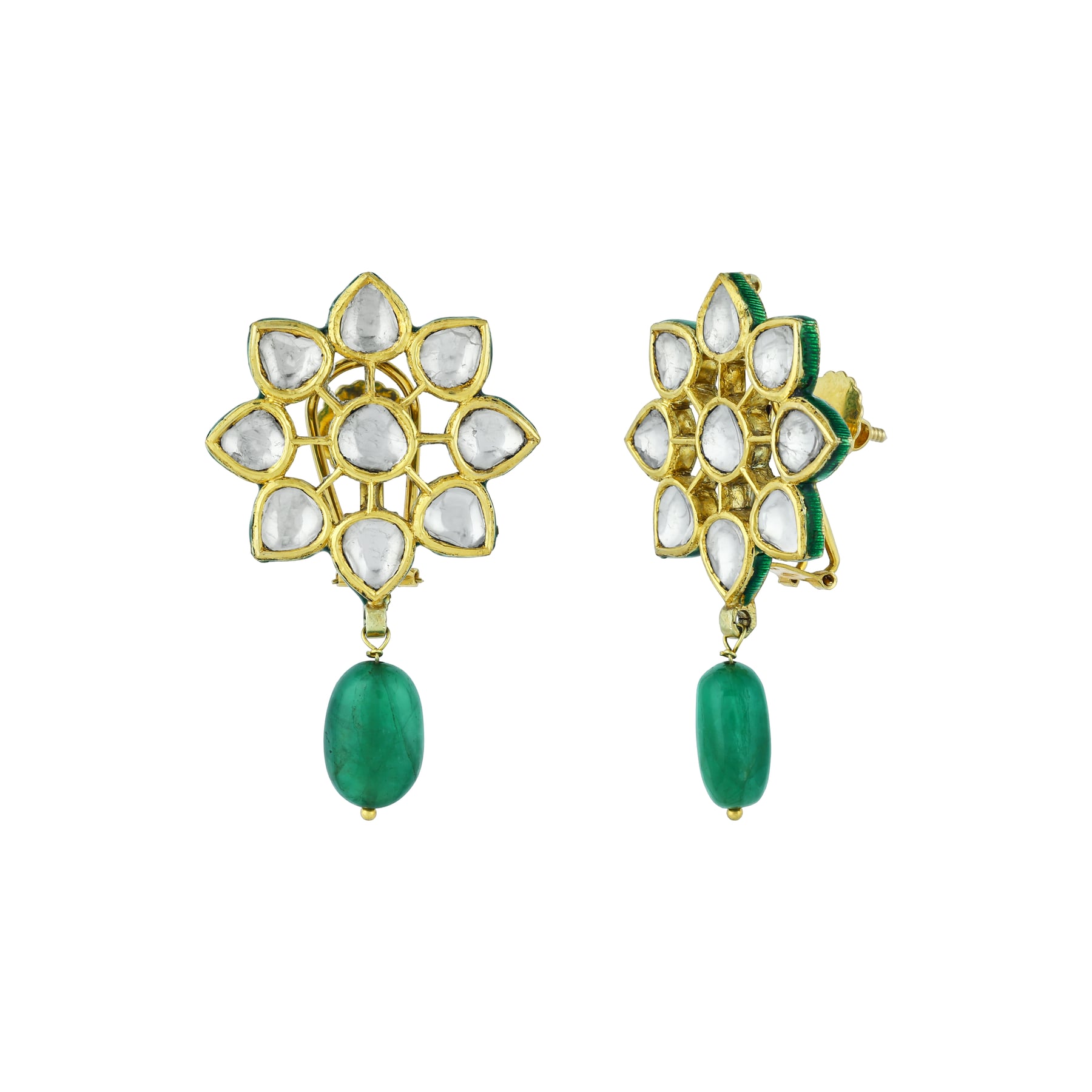 Polki Floral Stud Earrings with Emerald Drop
