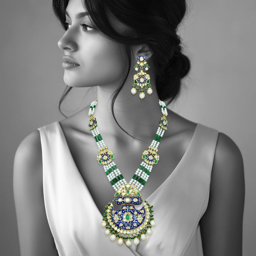 Pankhi-Style Polki Necklace with Blue Enamel and Emerald Accents