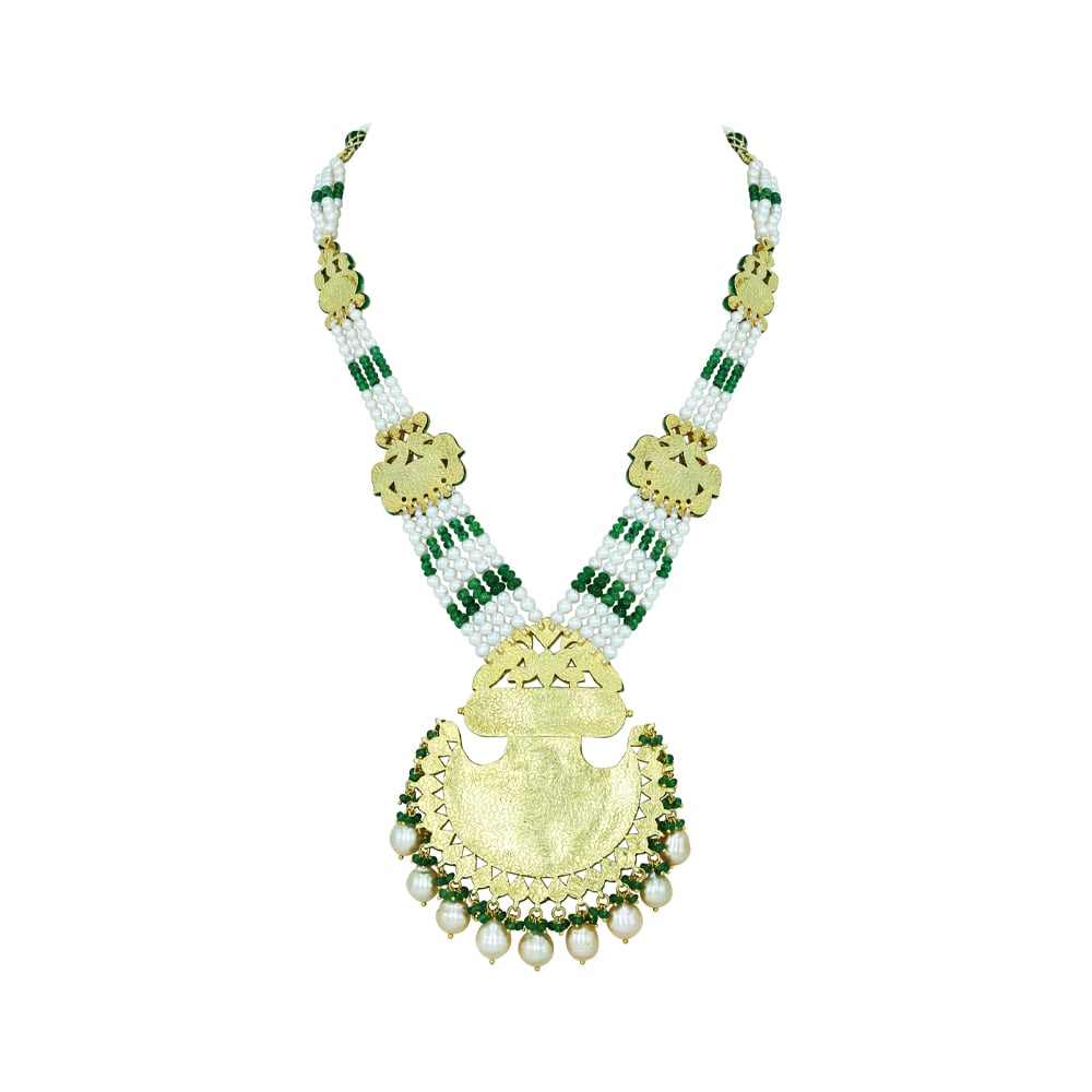 Pankhi-Style Polki Necklace with Blue Enamel and Emerald Accents