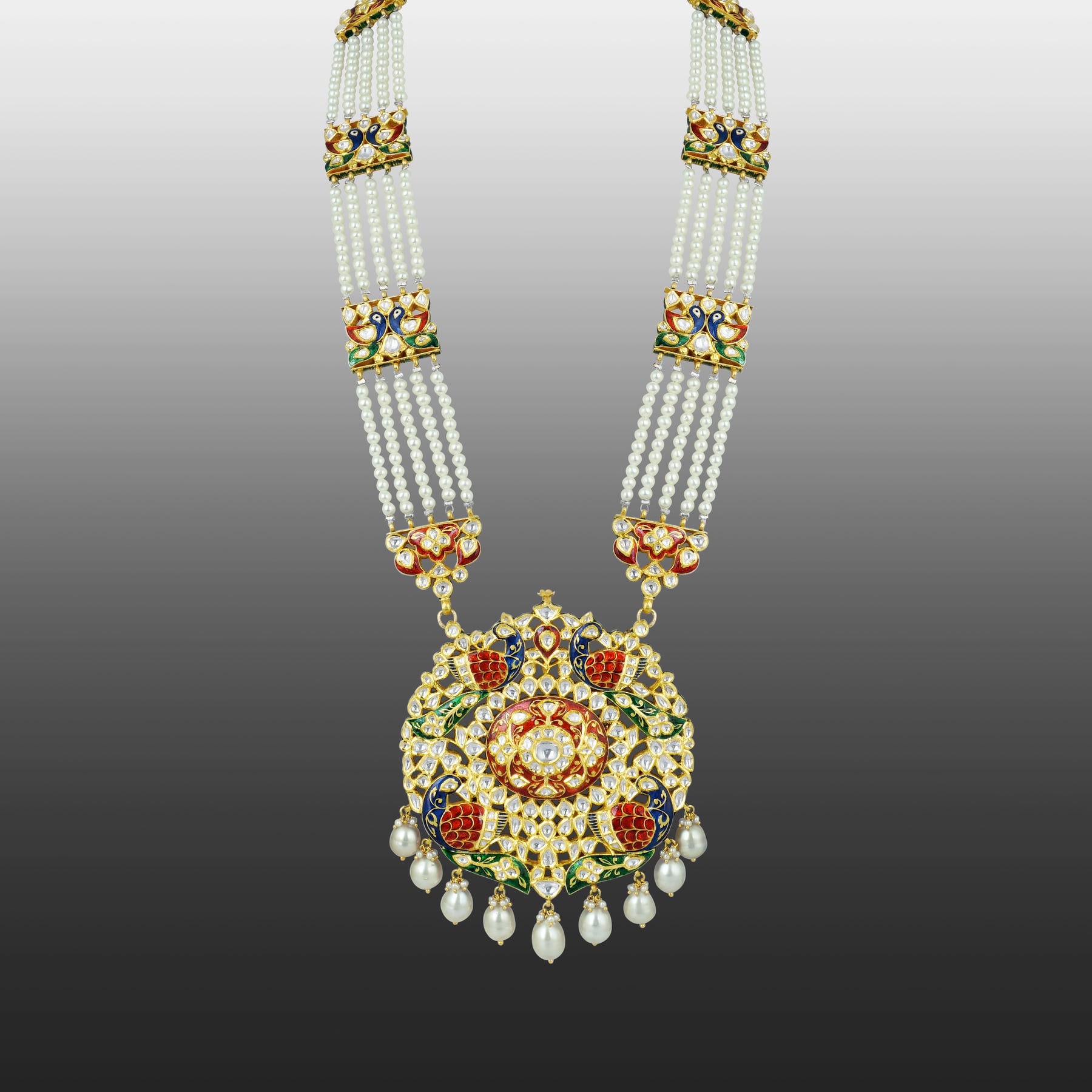 Peacock Pendant Necklace with Polki and Multi-Layered Pearls