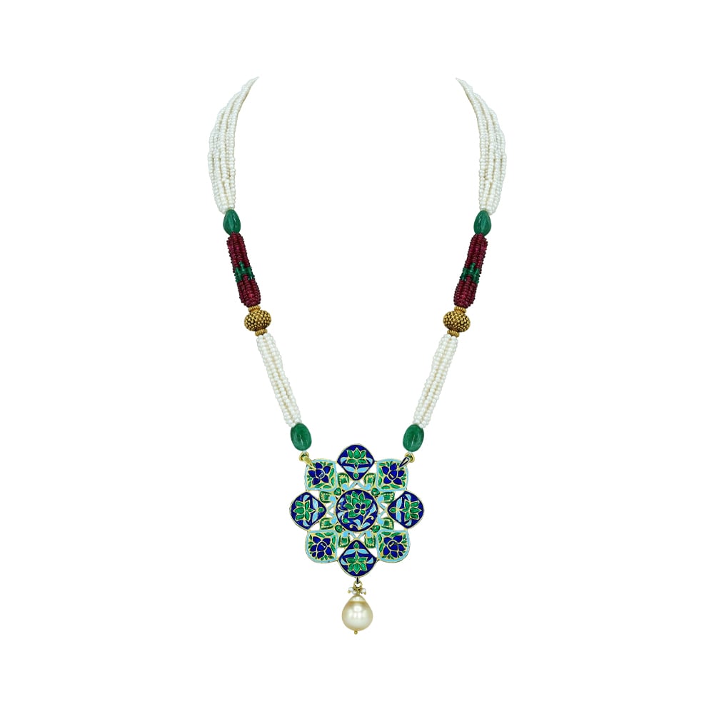Navaratna Pendant Necklace with Pearls, Emeralds, and Ruby Beads