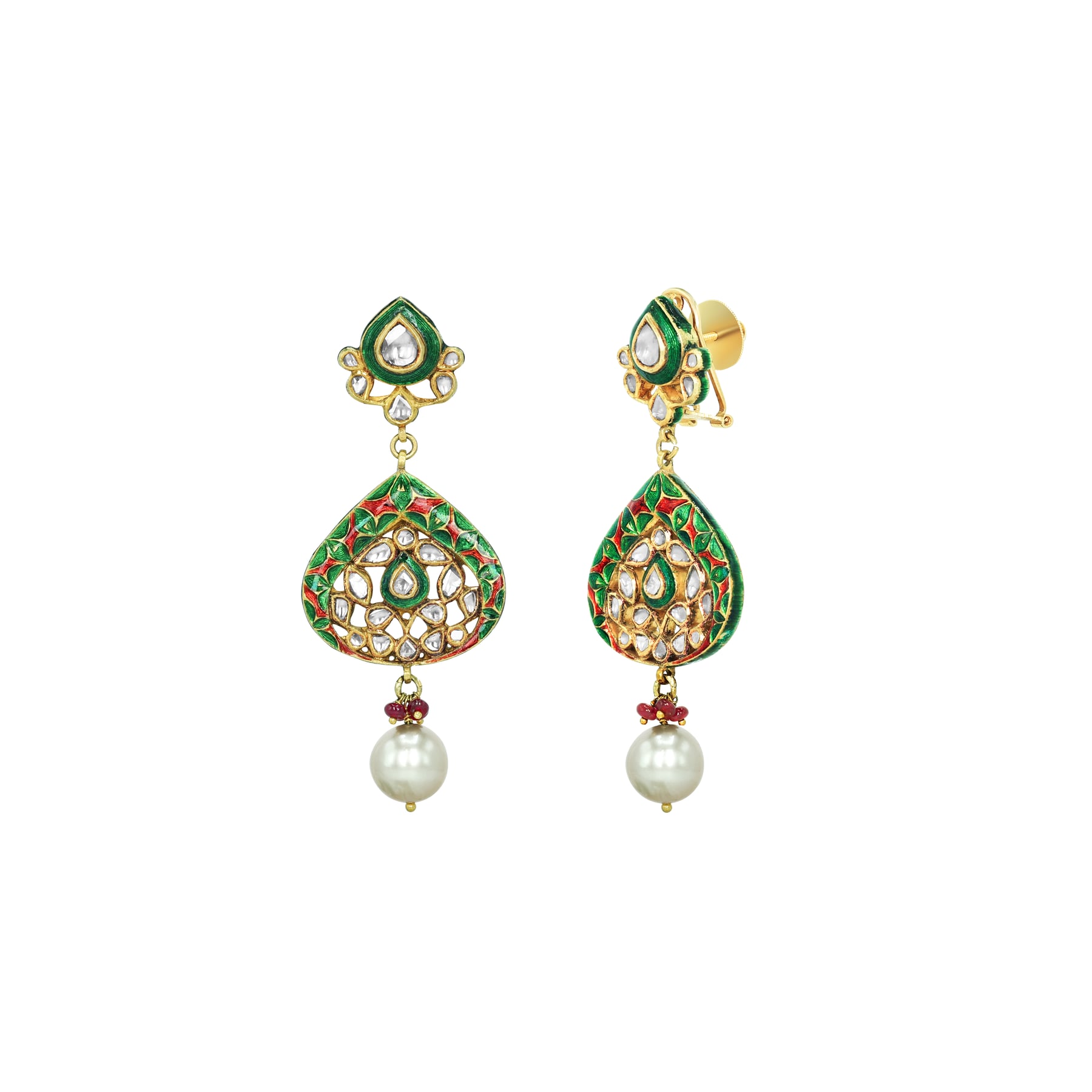 Polki Necklace Set with Green Enamel, Pearl Strands, and Drops