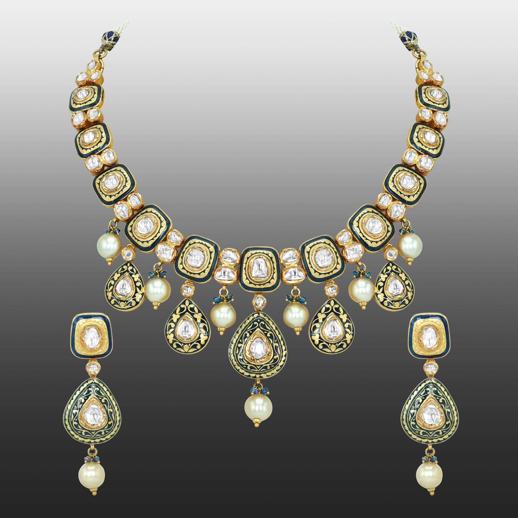 Black Inlay Polki Set with Green Enamel and Pearl Drops