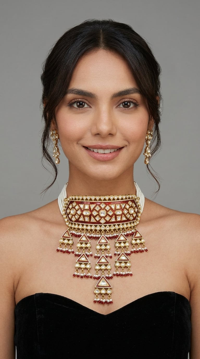 Polki Choker with Red Enamel, Triangular Motifs, and Pearl Drops
