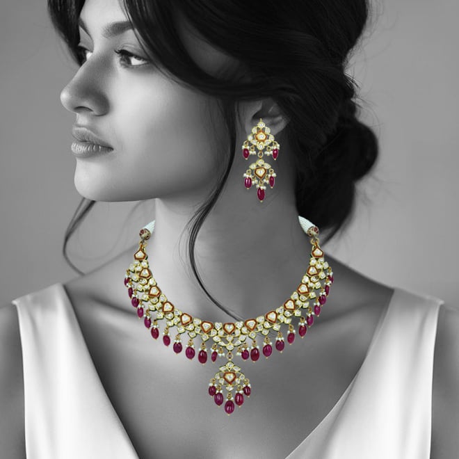 Polki Necklace with Ruby Drops and Red Enamel
