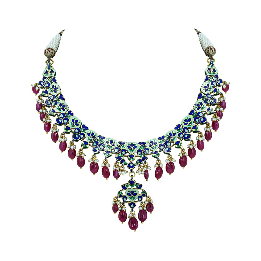 Polki Necklace with Ruby Drops and Red Enamel