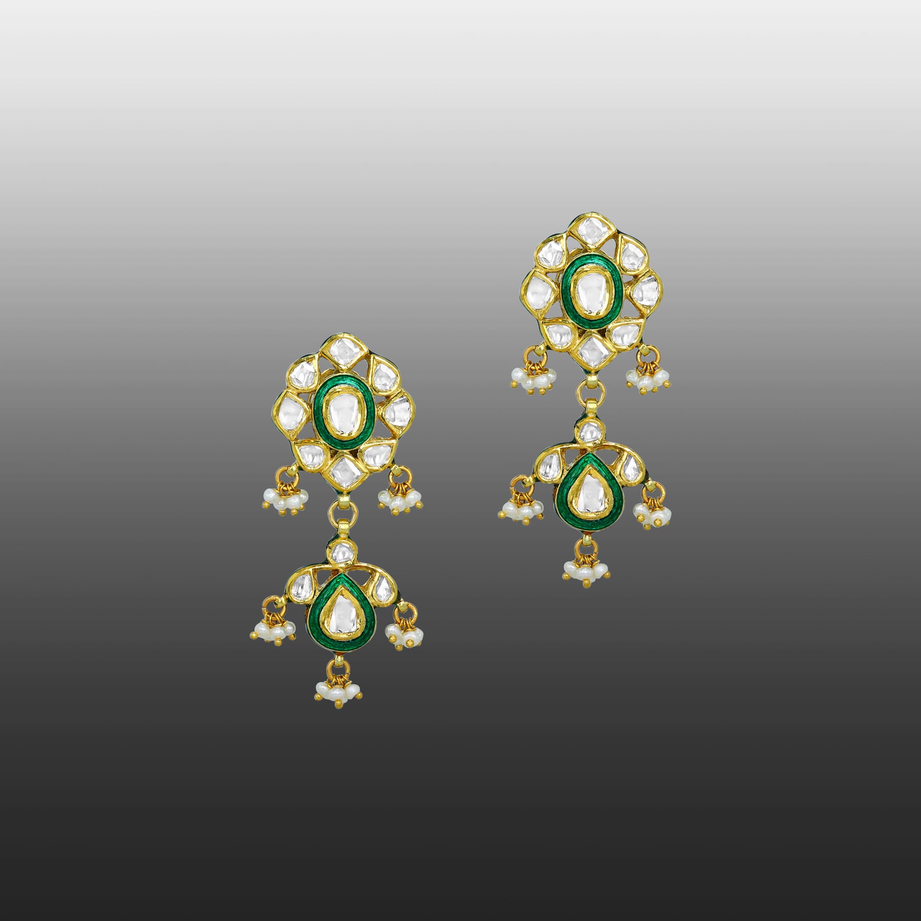 Polki Earrings with Green Enamel and Pearls