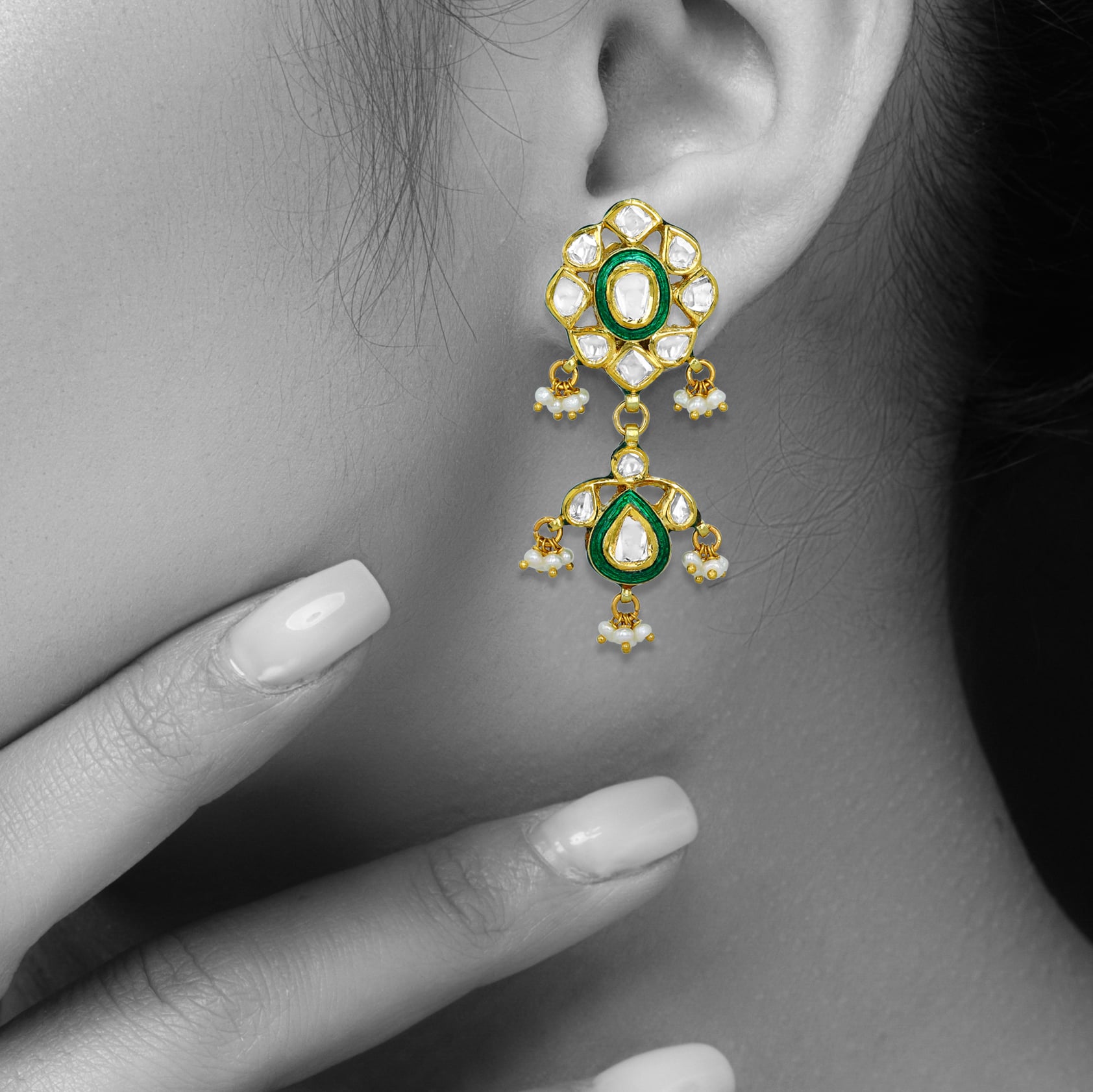 Polki Earrings with Green Enamel and Pearls