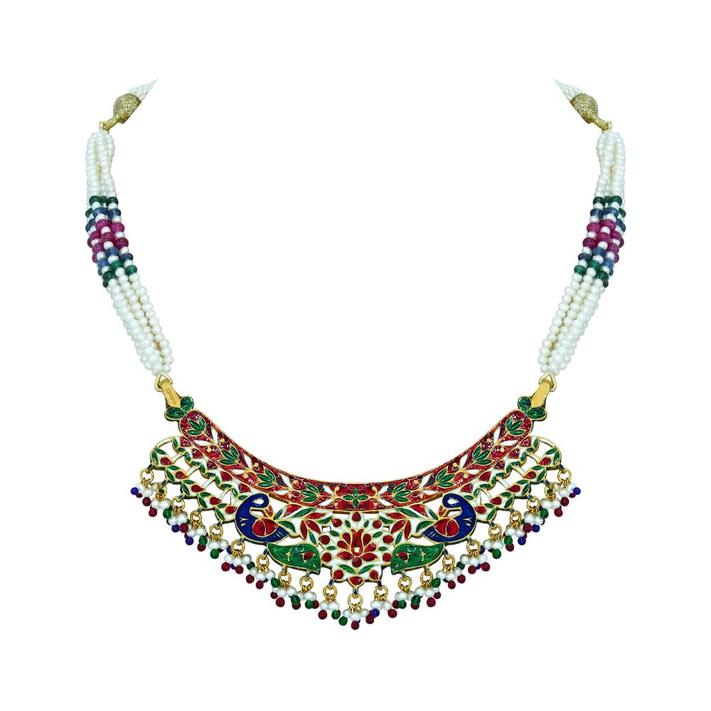 Polki Necklace with Red Enamel and Multicolour Bead Fringes