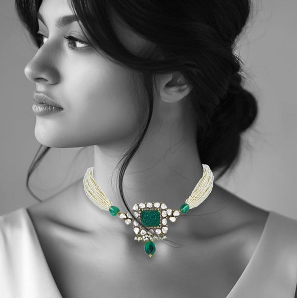 Carved Emerald Polki Choker with Pearl Strands and Emerald Drop