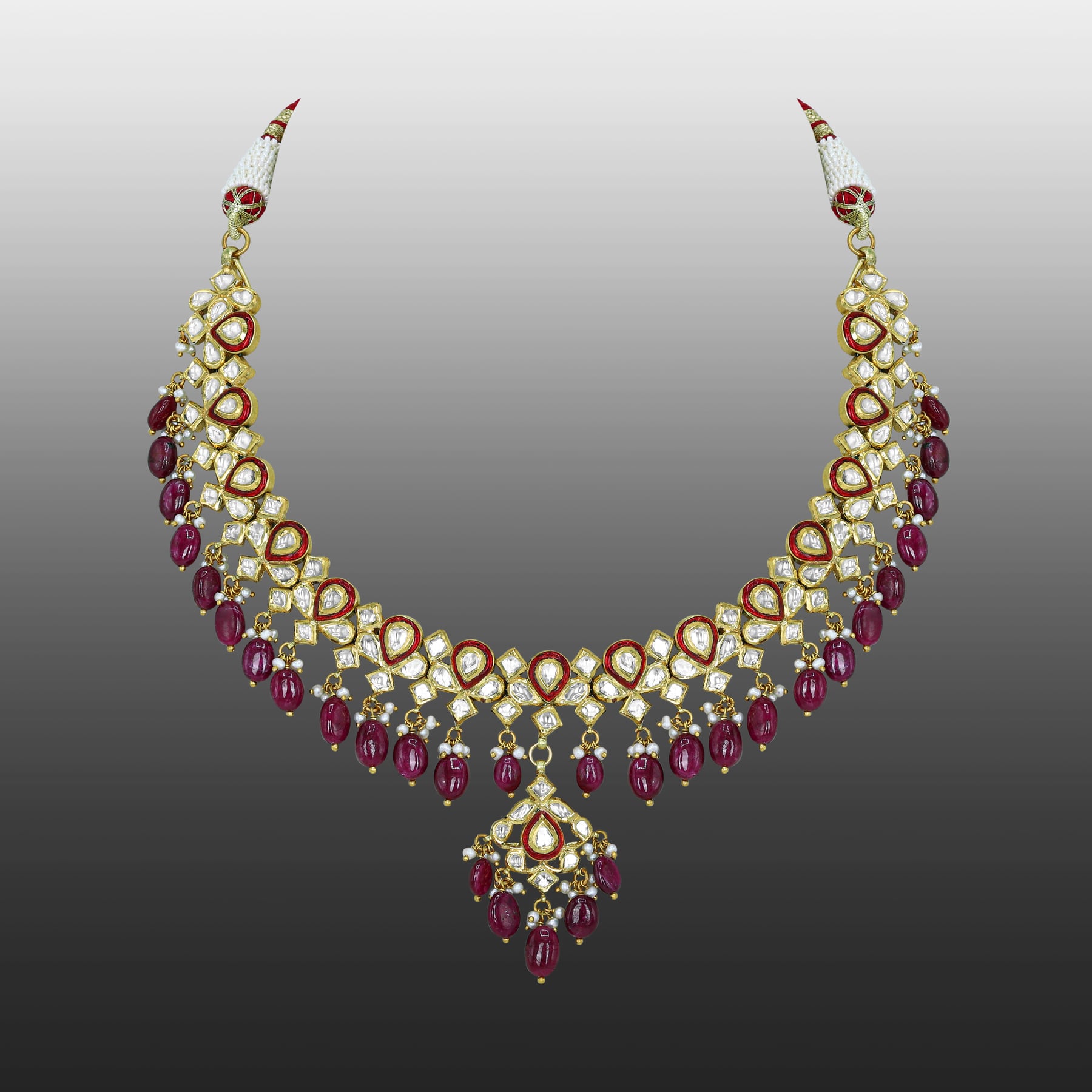 Polki Necklace with Red Enamel and Ruby Drops
