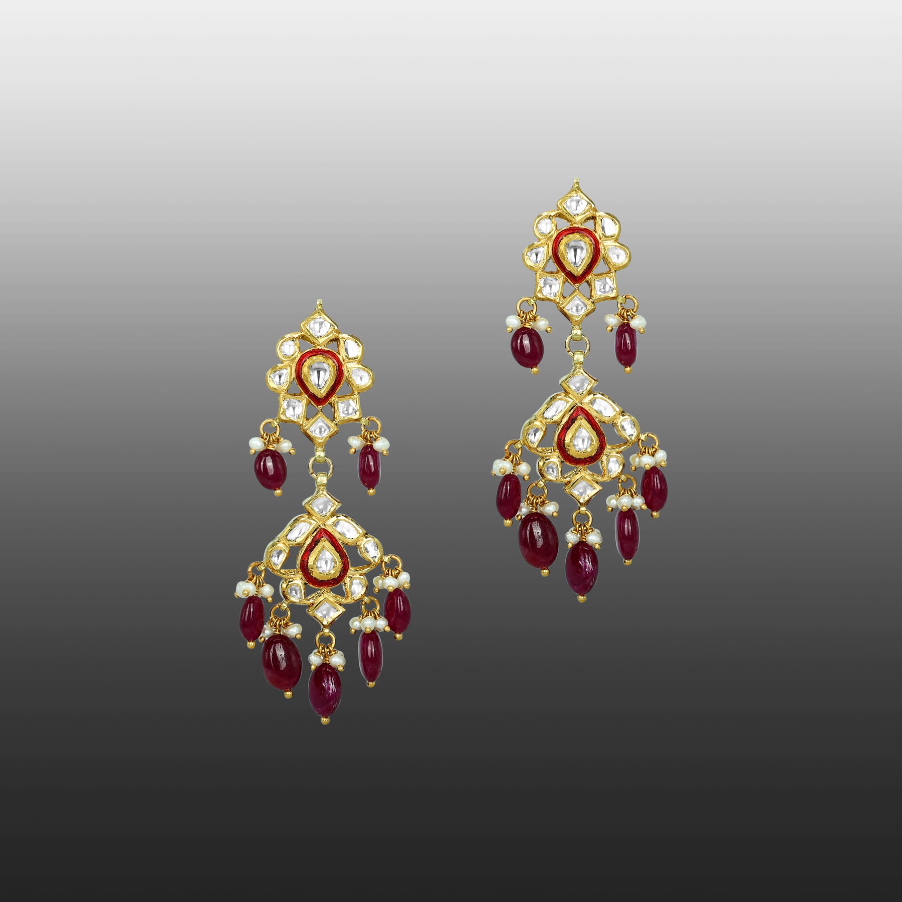 Polki Earrings with Ruby Drops and Dual Enamel Motifs