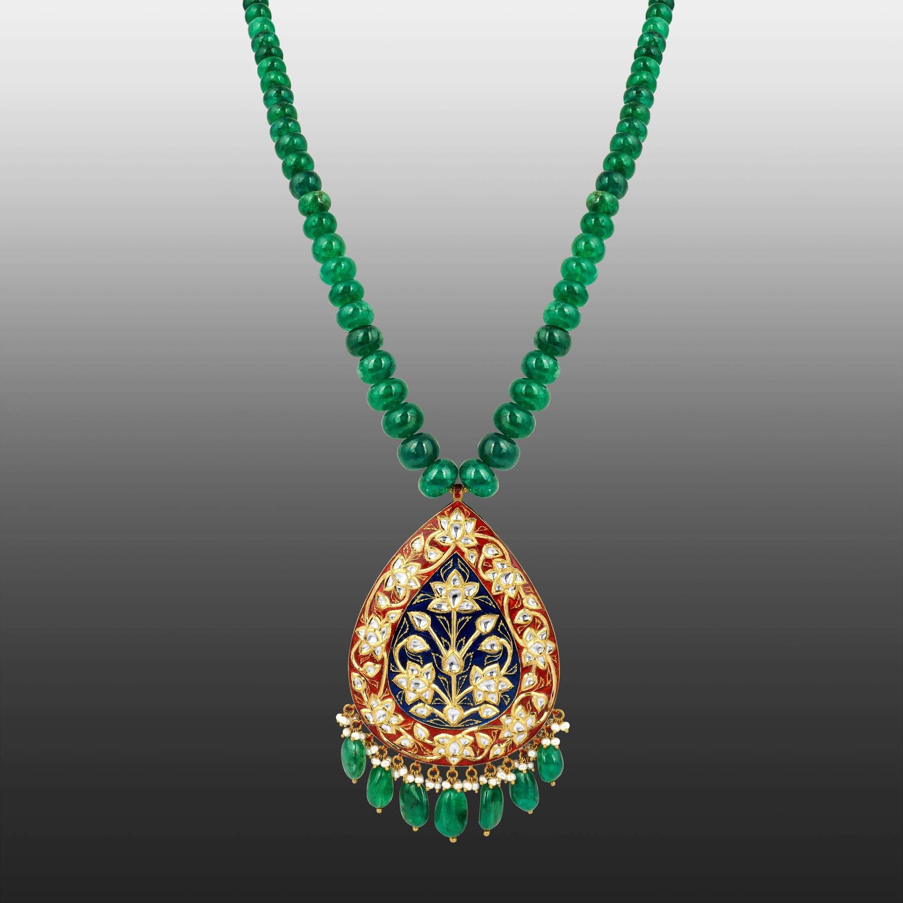 Emerald Bead Necklace with Polki Pendant and Meena Detailing