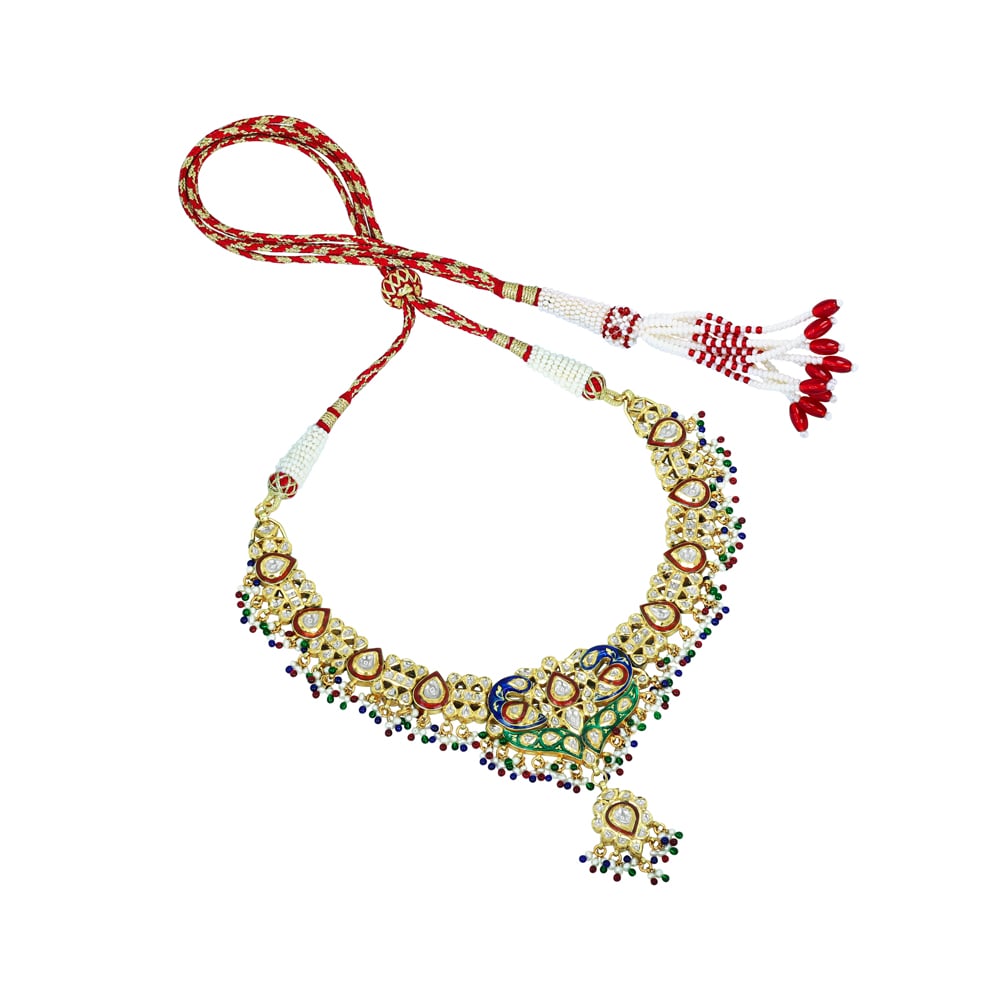 Polki Necklace with Enamel Peacock Motifs and Beads