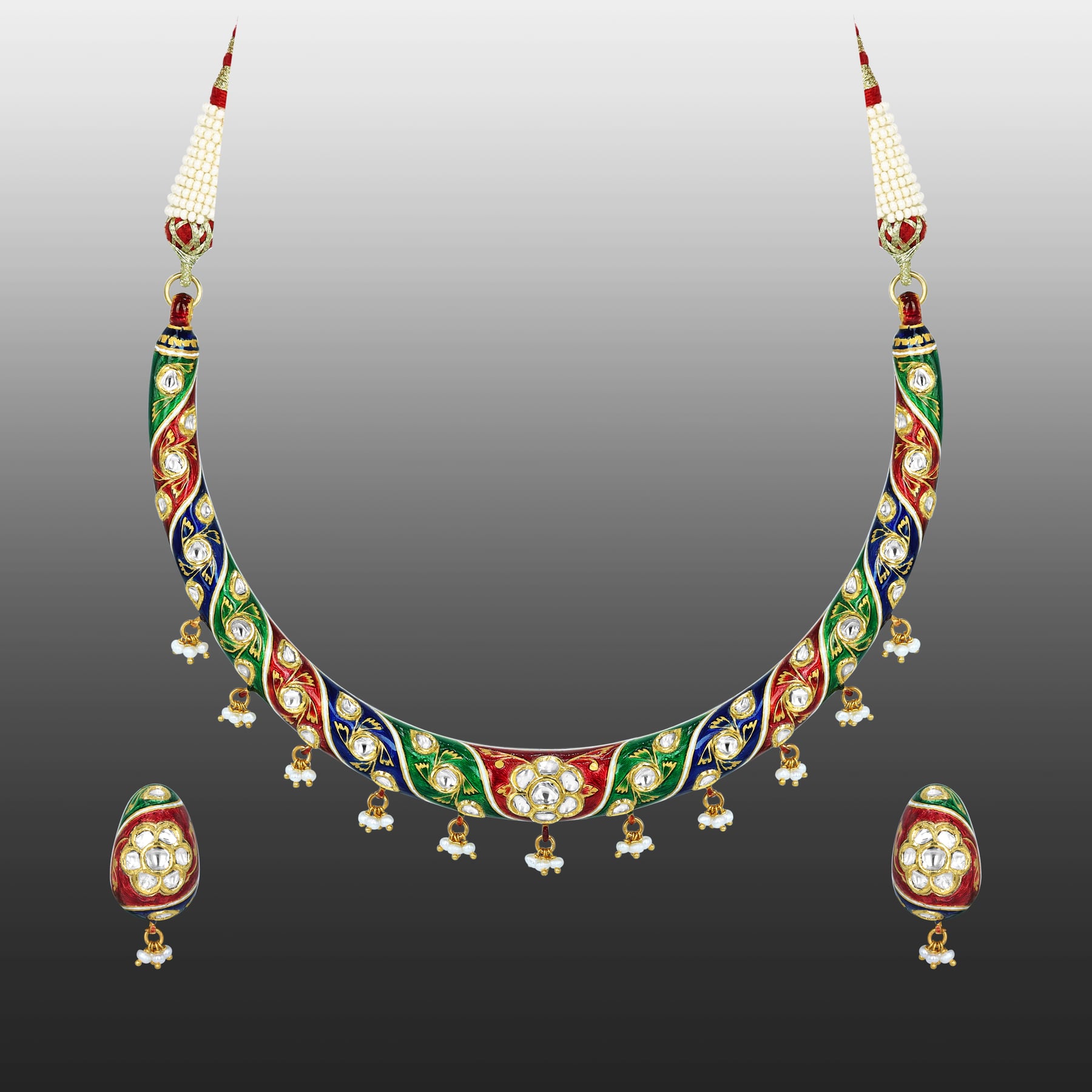 Enamel Hasli Necklace Set with Floral Motifs and Pearls