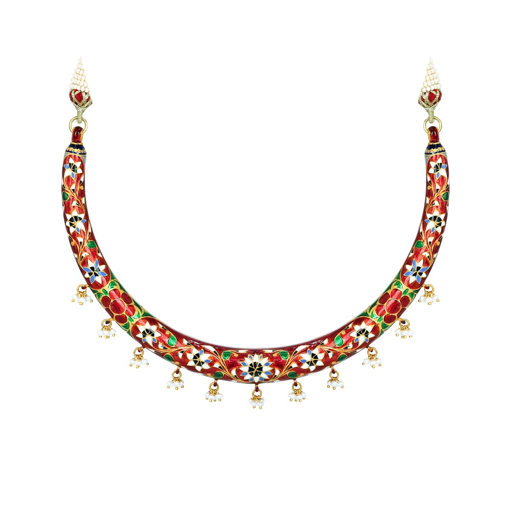 Enamel Hasli Necklace Set with Floral Motifs and Pearls