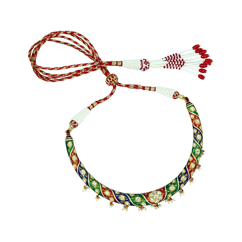 Enamel Hasli Necklace Set with Floral Motifs and Pearls
