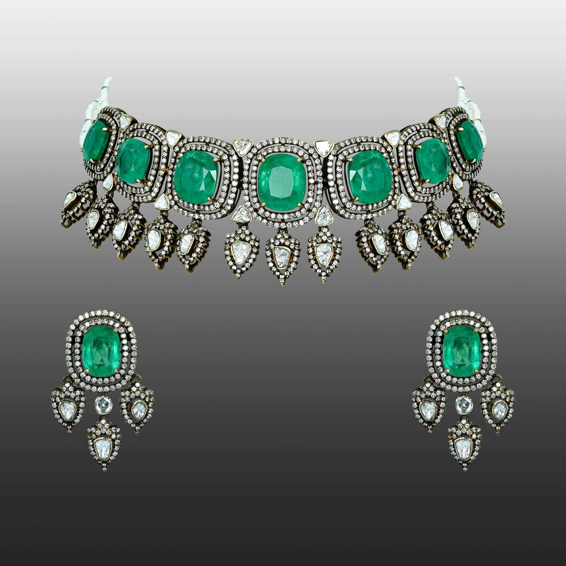 Antique Emerald Necklace Set with Diamond Halos and Teardrops