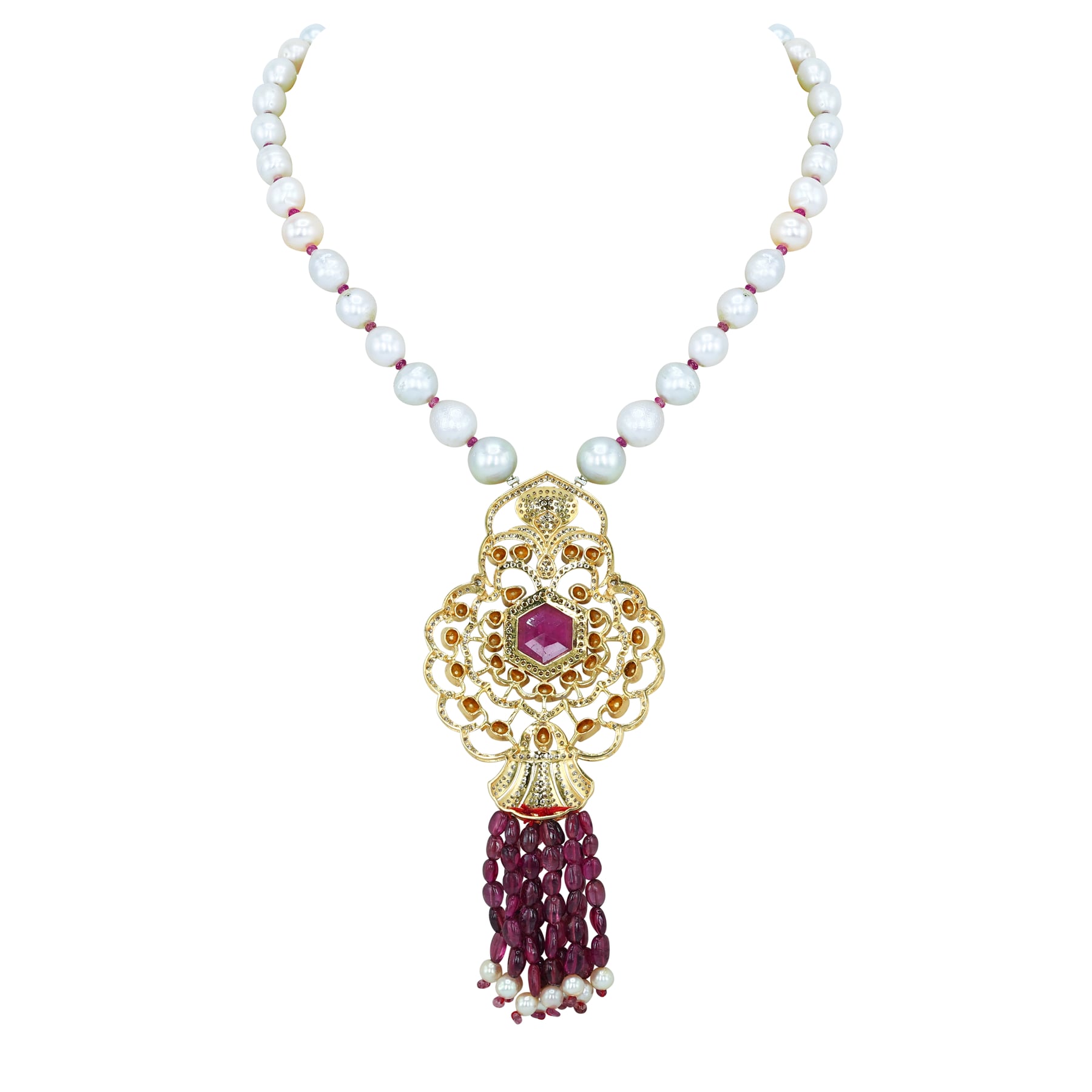 Hexagonal Tourmaline Pendant with Diamond Filigree and Tourmaline Tassels