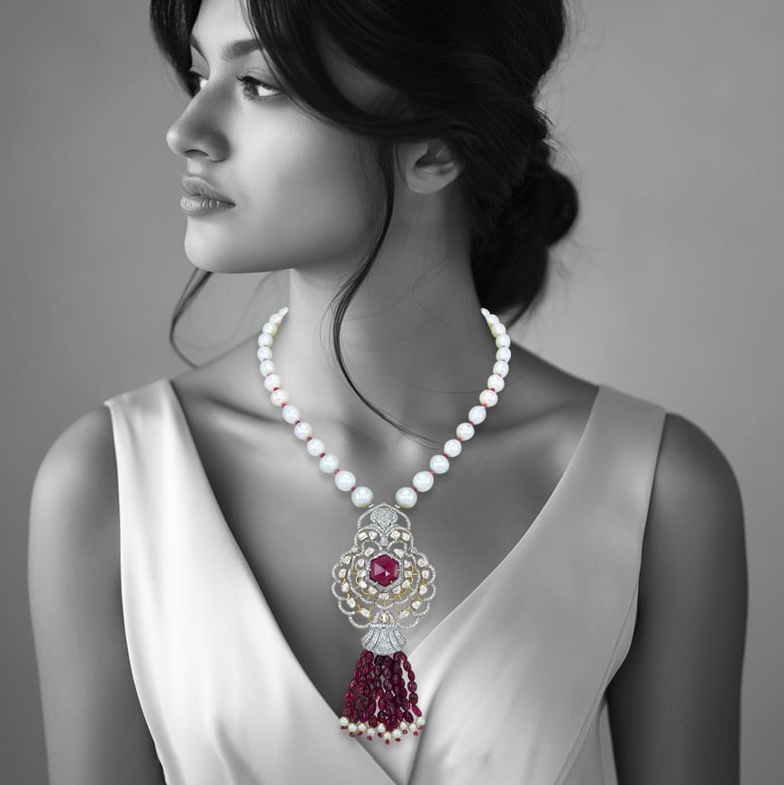 Hexagonal Tourmaline Pendant with Diamond Filigree and Tourmaline Tassels
