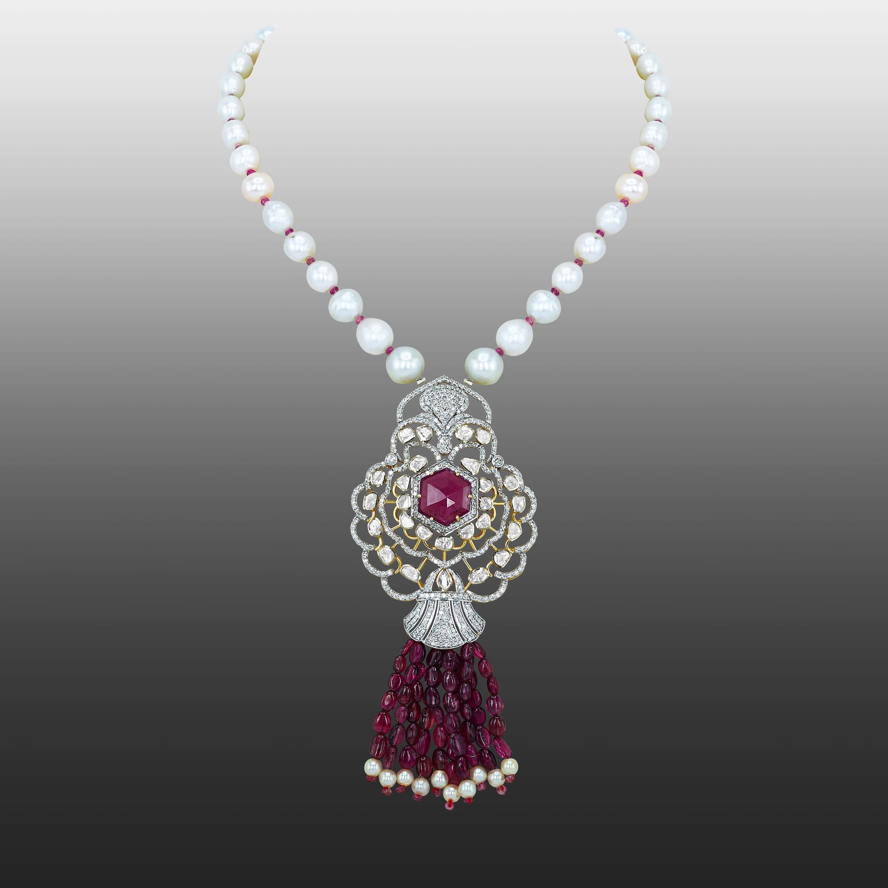 Hexagonal Tourmaline Pendant with Diamond Filigree and Tourmaline Tassels