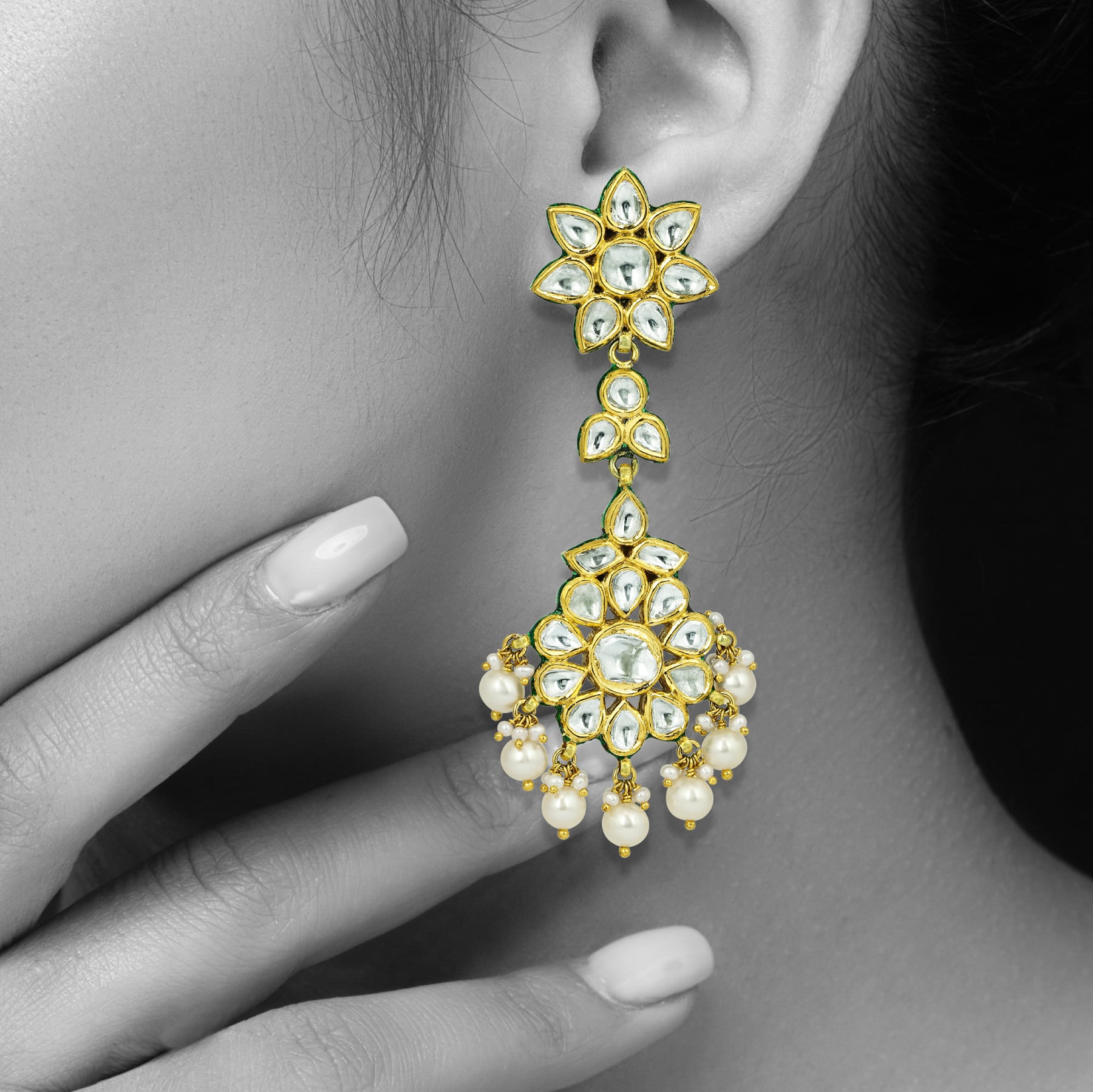 Ivory Floral Polki Earrings with Pearl Clusters
