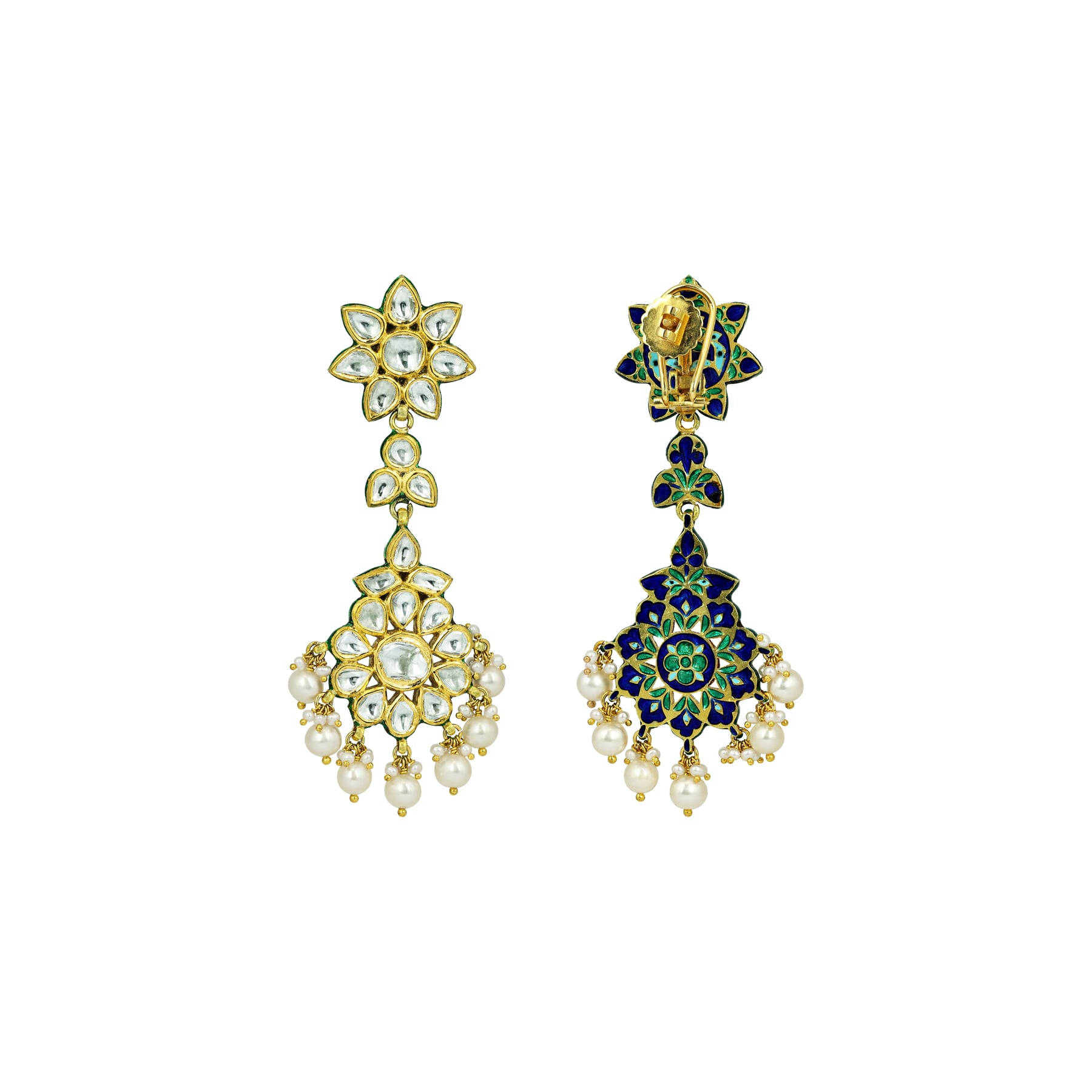Ivory Floral Polki Earrings with Pearl Clusters
