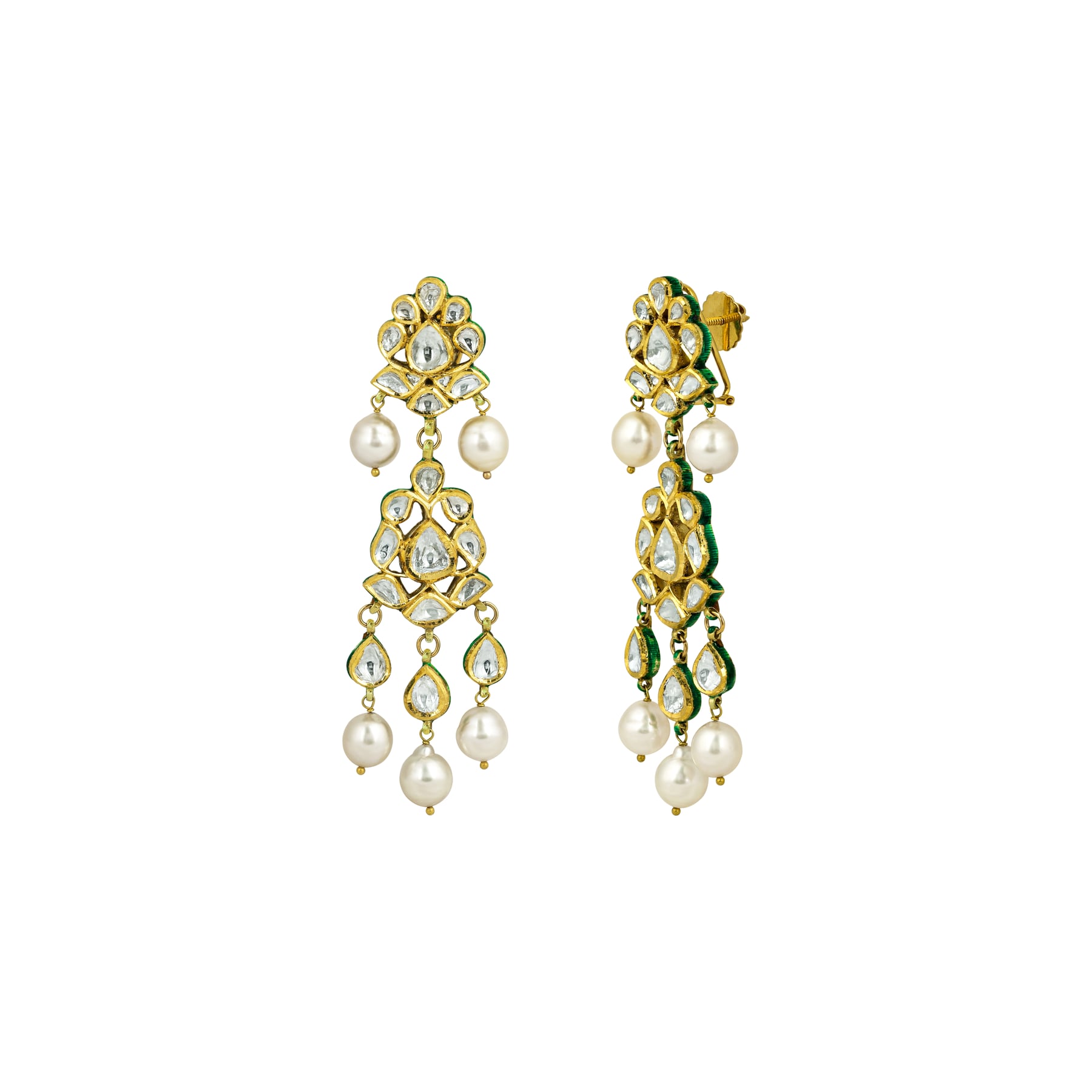 Gold Polki Earrings with Pearls and Cascading Layers