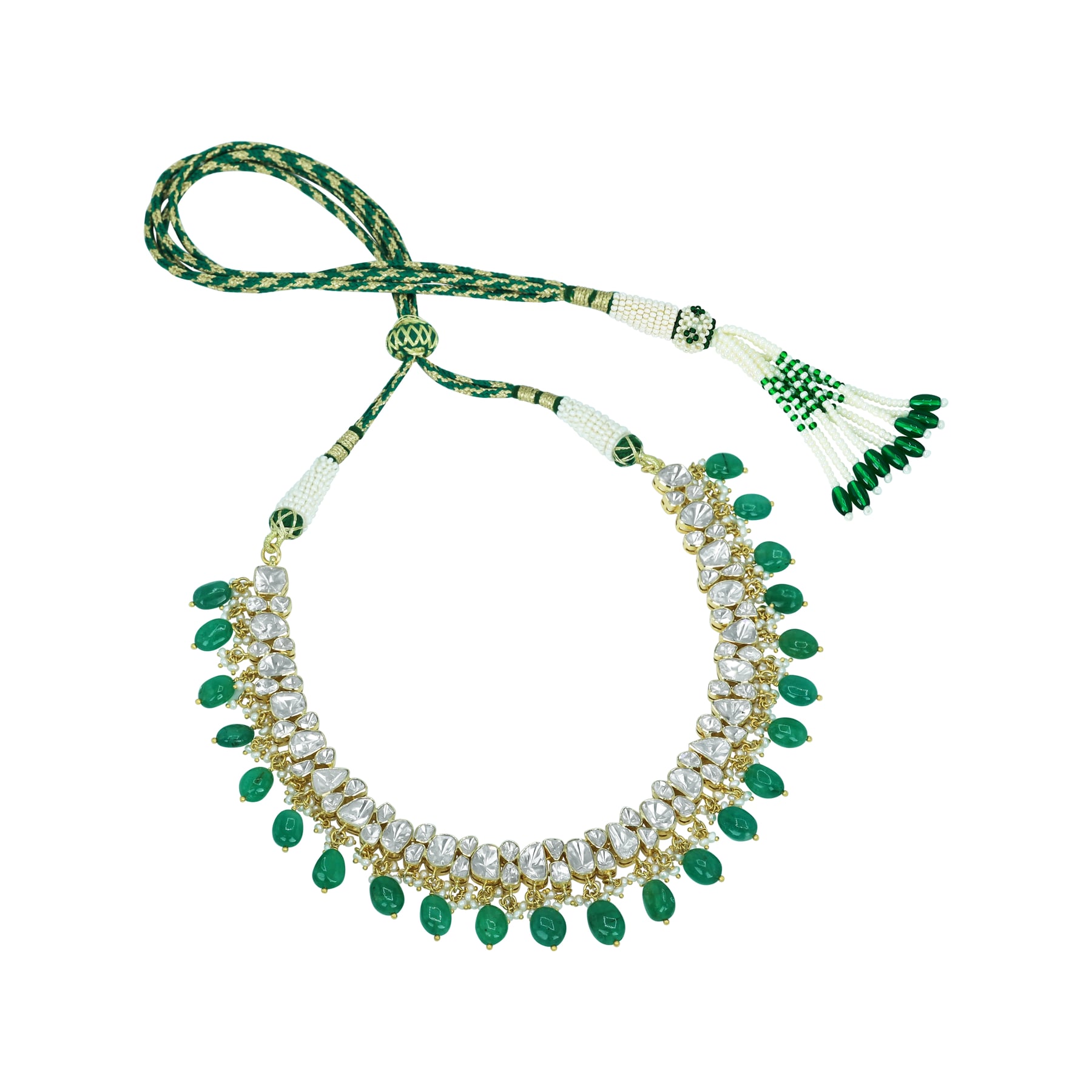 Open Polki Diamond Necklace with Emerald Drops
