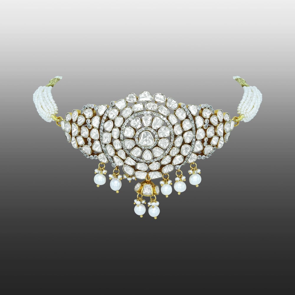 Polki Diamond Choker with Pearl Strings and Dangling Drops