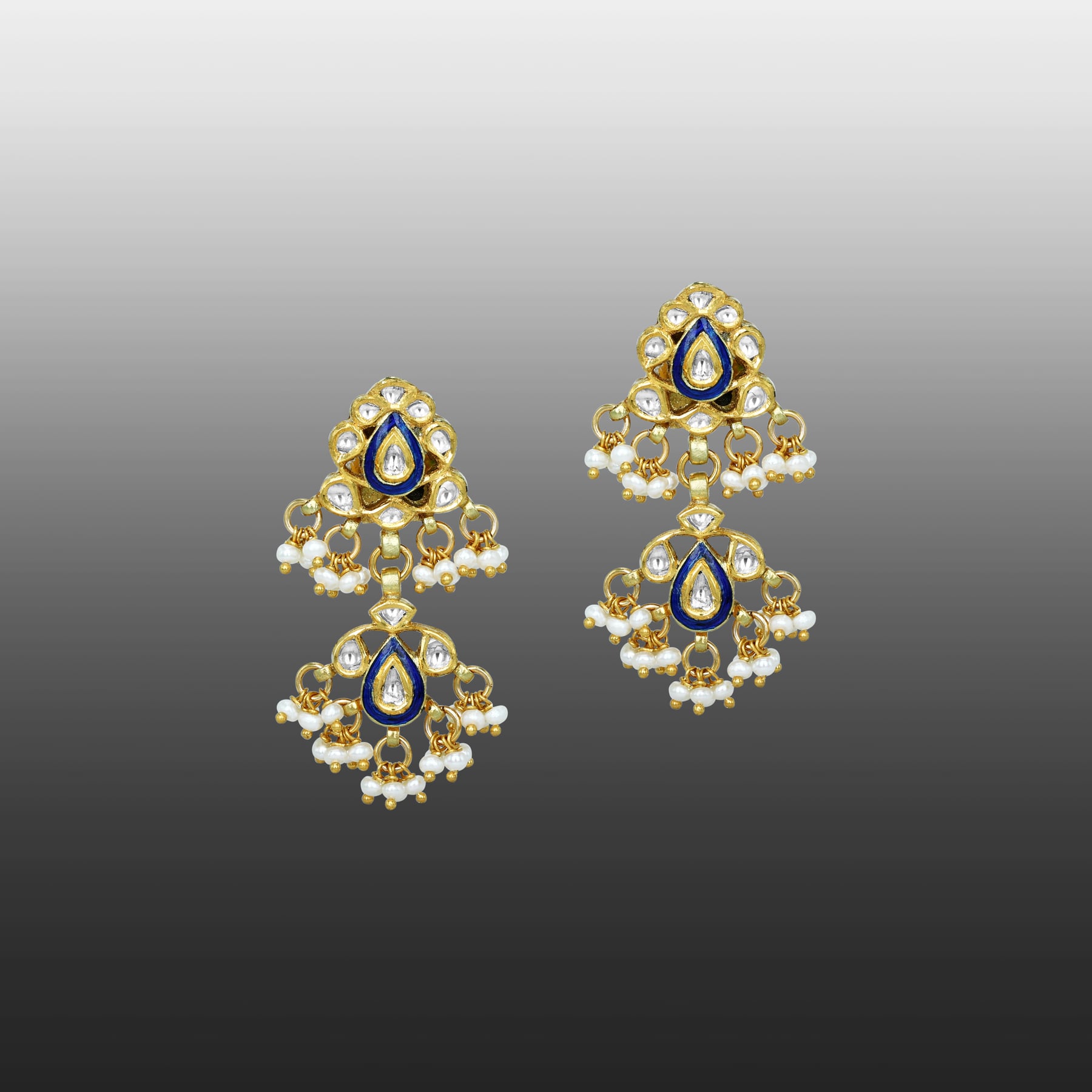 Double-Tier Blue Enamel Earrings with Polki and Pearl Drops