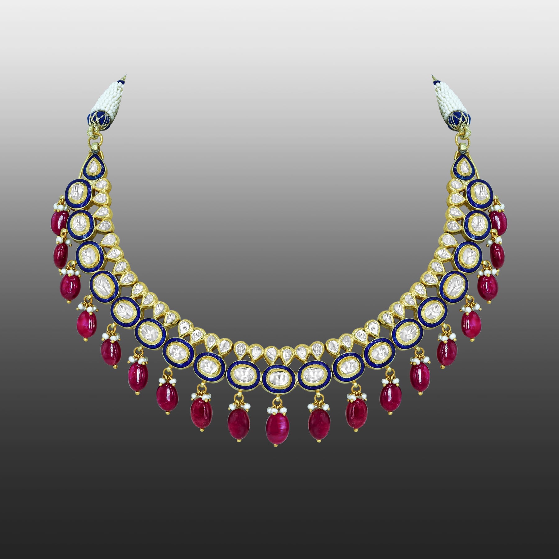 Blue Enamel Necklace with Polki Diamonds, Pearls, and Ruby Drops