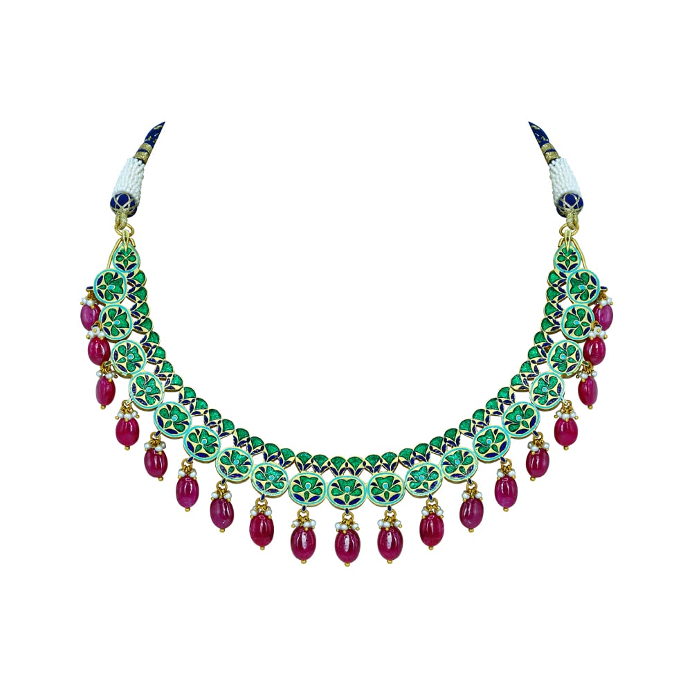 Blue Enamel Necklace with Polki Diamonds, Pearls, and Ruby Drops